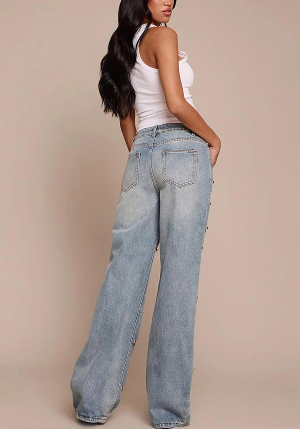 Unybwonn Women Straight Leg Jeans Rhinestone High Waisted Wide Leg Pearl Denim Pants Bling Glitter Studded Y2k Trousers