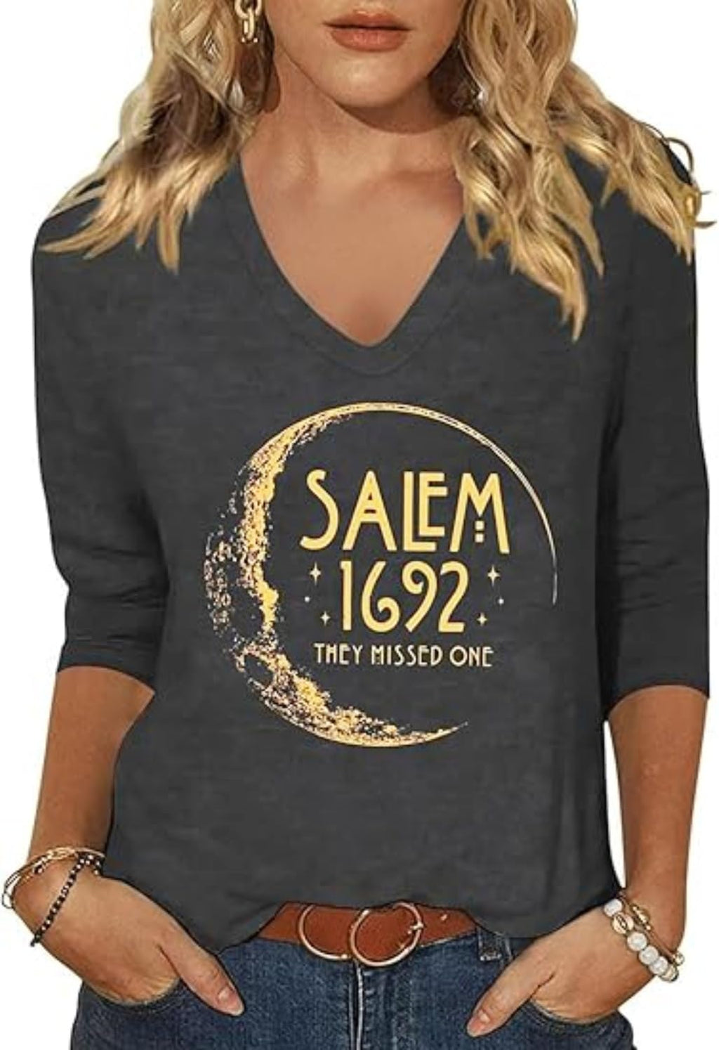 Women's Fall Halloween V Neck Shirt, Hocus Focus Graphic Tee | 3/4 Sleeve, Vintage, Funny Family Party Matching,Casual Holiday Tops,Spooky Season Tee