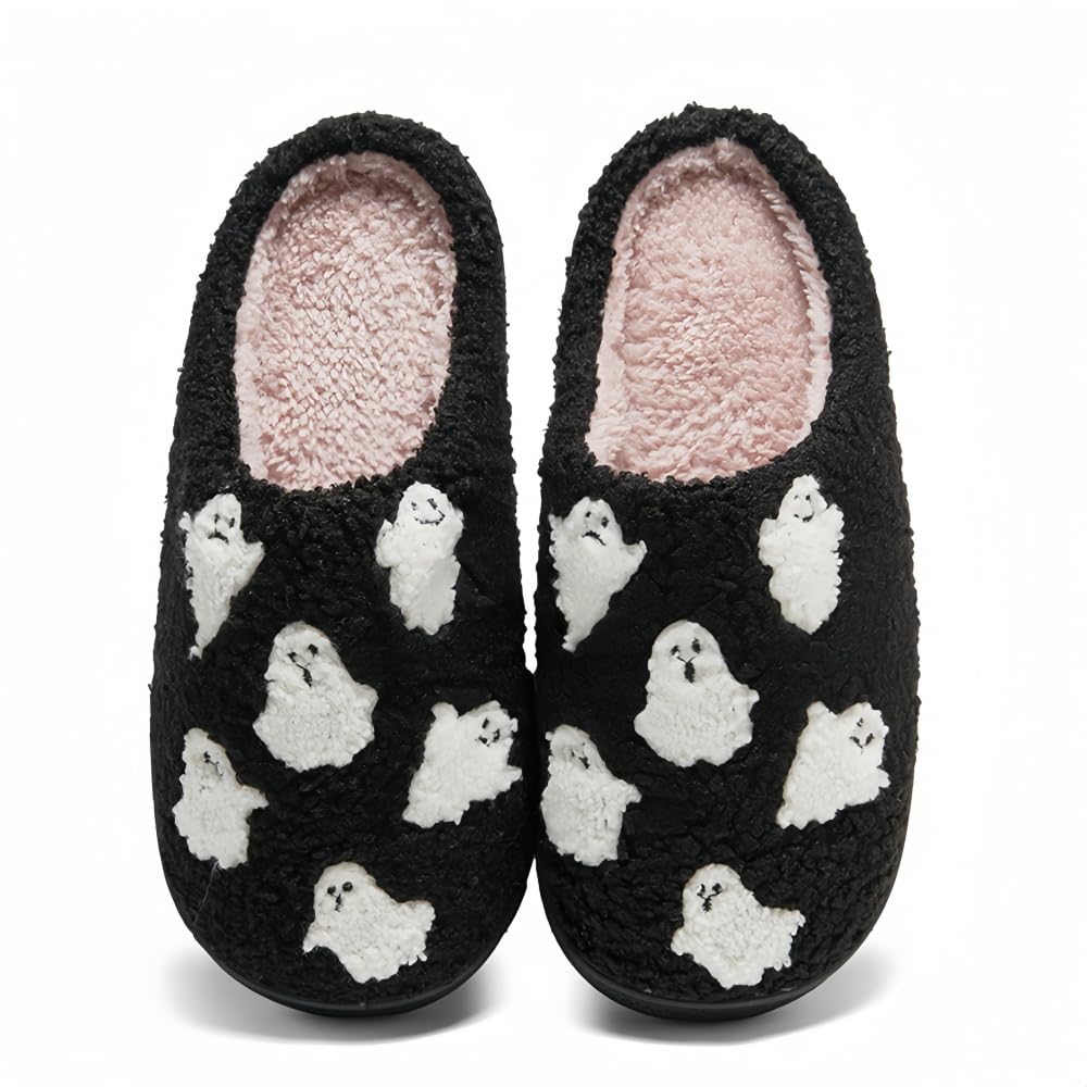 Halloween Slippers for Women Retro Soft Cozy Comfy Plush Lightweight Slip-on Indoor Outdoor Anti-Skid Sole Christmas House Shoes