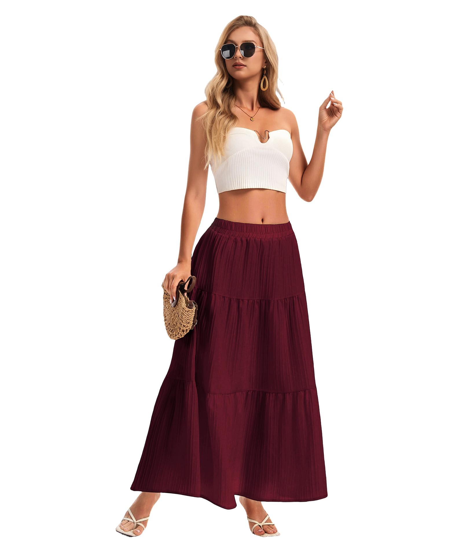 Womens Maxi Skirt Boho Long Flowy Skirts Trendy Summer 2026 Tiered Ruffle Skirt A Line Casual Beach Vacation Dress