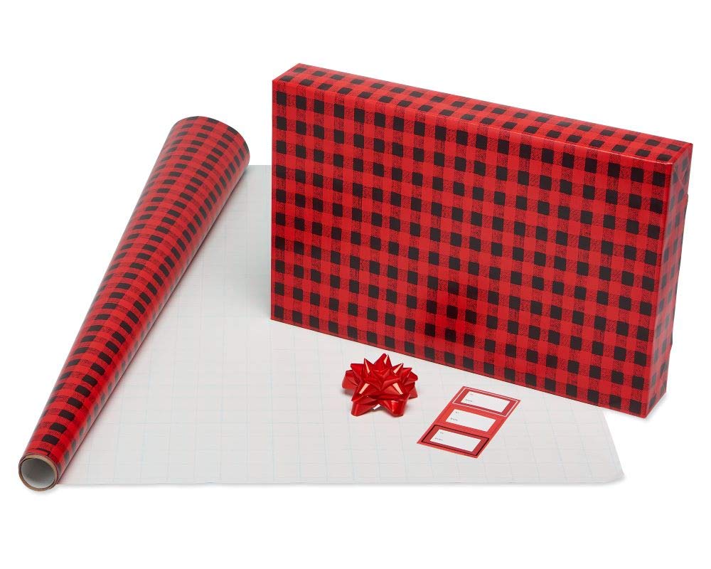 American Greetings Christmas Wrapping Paper, Red and Black Buffalo Plaid Holiday Gift Wrap Set (120 sq.ft., 4 rolls-30 in. x 12 ft., 7 Adhesive Bows, 30 Gift Tag Stickers) Rustic, Snowflakes, Reindeer