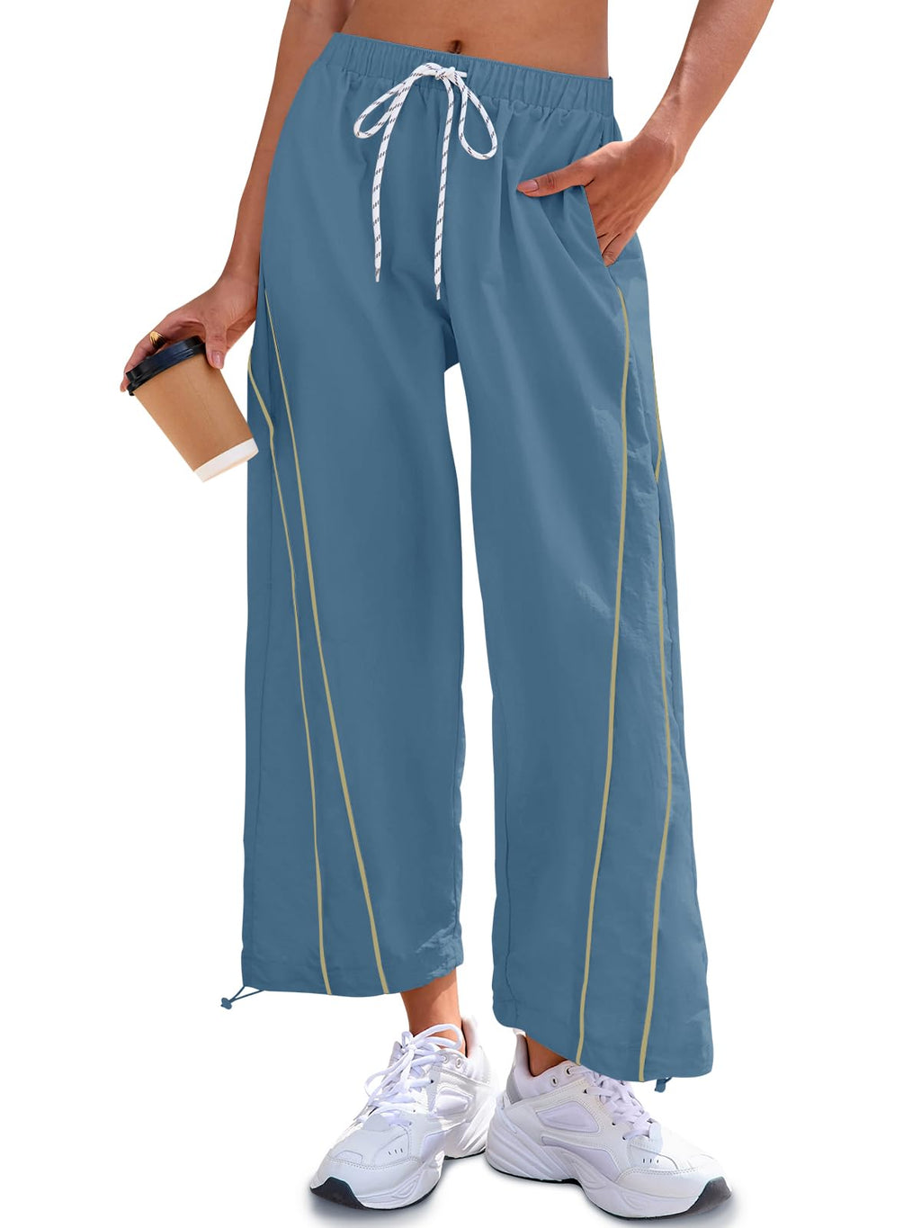 Fisoew Womens Baggy Wide Leg Pants Casual Elastic Waist Drawstring Hiking Workout Cropped Pants with Pockets