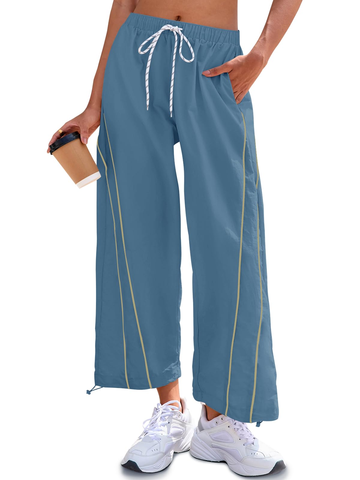 Fisoew Womens Baggy Wide Leg Pants Casual Elastic Waist Drawstring Hiking Workout Cropped Pants with Pockets