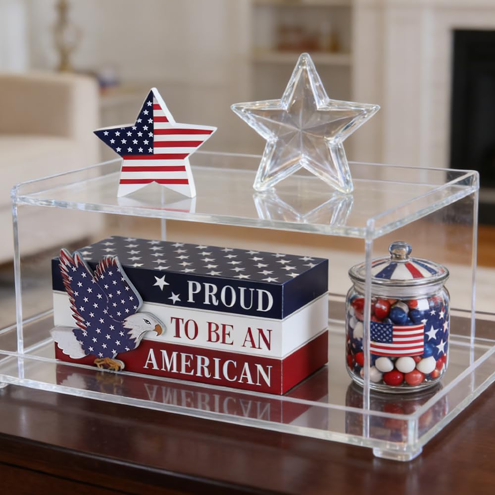 DECSPAS 4th of July Decorations, Memorial Day Decorations, Wooden Stacked Books Sign with Stars, Patriotic Independence Day American Eagle Decor for The Home, Fourth of July, Tiered Tray Table Mantel