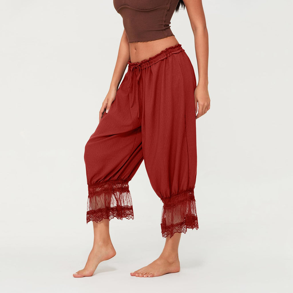 Women Lace Trim Long Bloomers Y2k Elastic Mid Rise Floral Ruffle Pantaloons Flared Slips Pants Pajama Bottoms