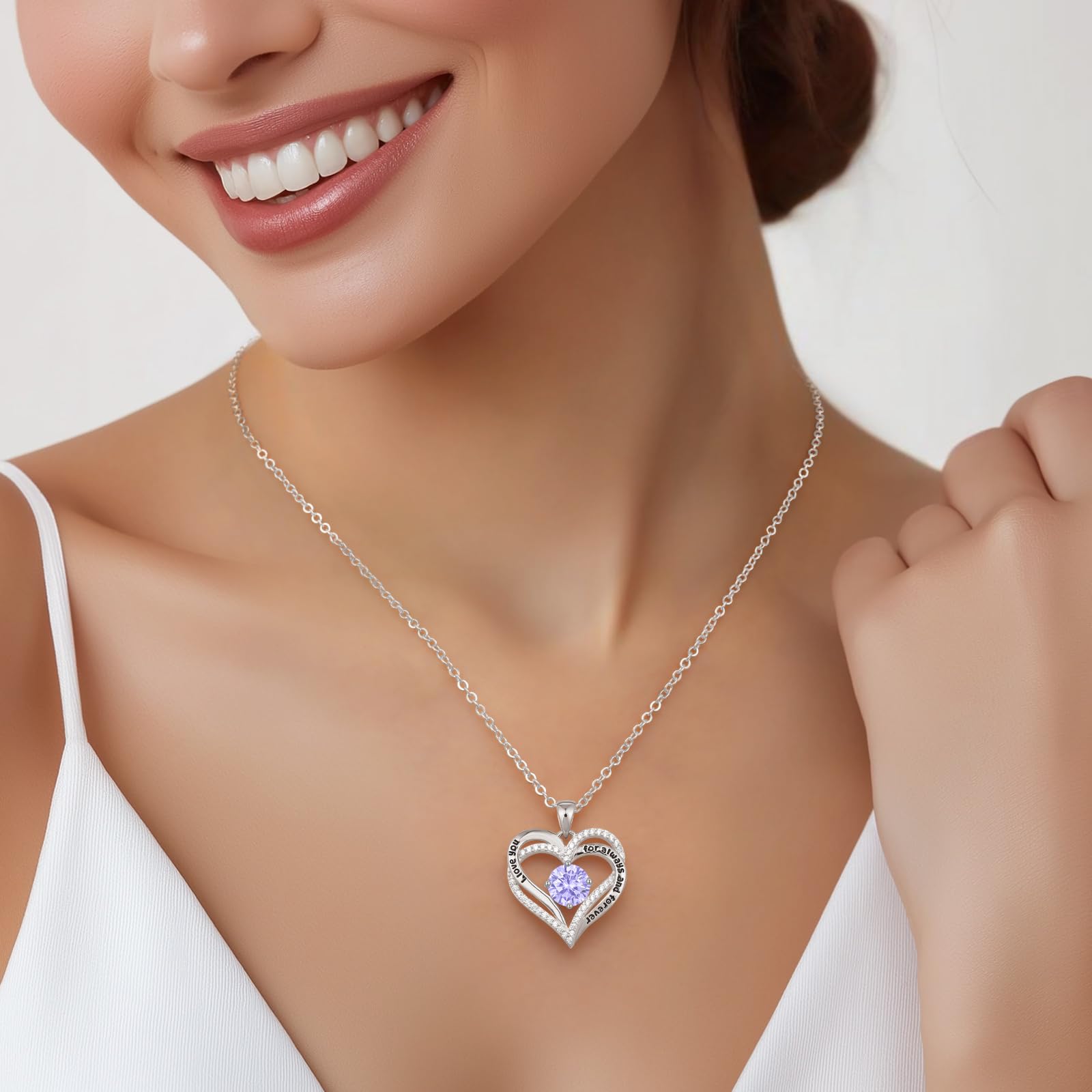 CDE Forever Love Heart Necklaces for Women, Wedding Anniversary, Valentine's，Birthday Mothers Christmas Day Gifts for Mom, Mother, Wife, S925 Silver Jewelry with Birthstone Pendant