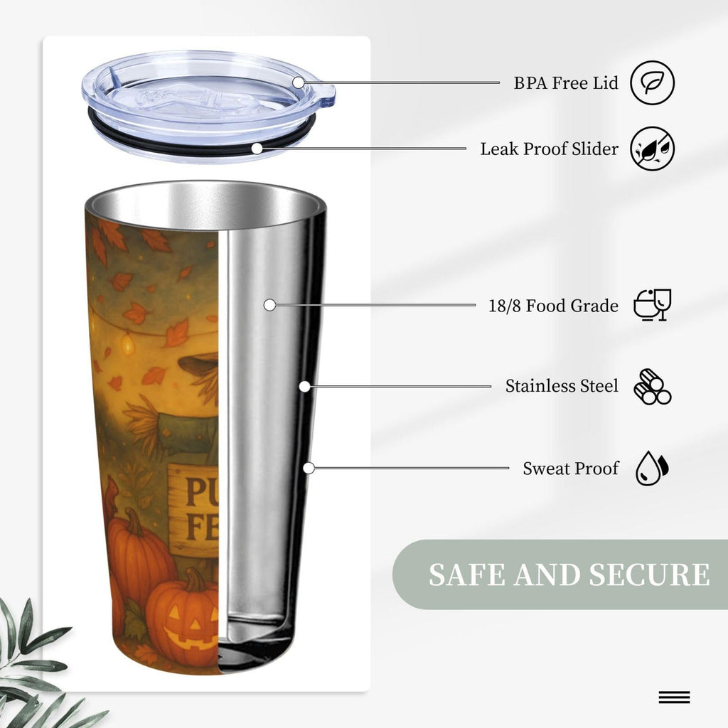 Fall Tumbler with Lid and Straw - 20oz Pumpkin Festival Coffee Tumbler Insulated Stainless Steel Mug, Autumn Harvest Scarecrow Cup, Thanksgiving Travel Mug, Fall Gifts for Women