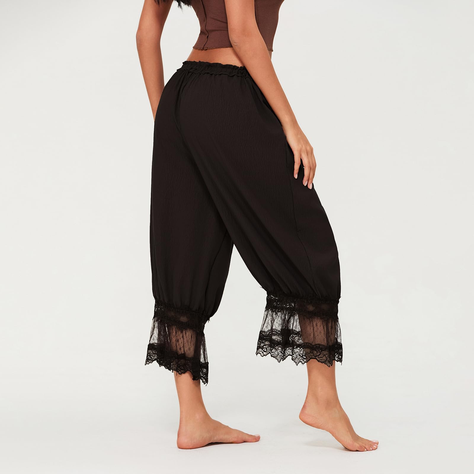 Women Lace Trim Long Bloomers Y2k Elastic Mid Rise Floral Ruffle Pantaloons Flared Slips Pants Pajama Bottoms