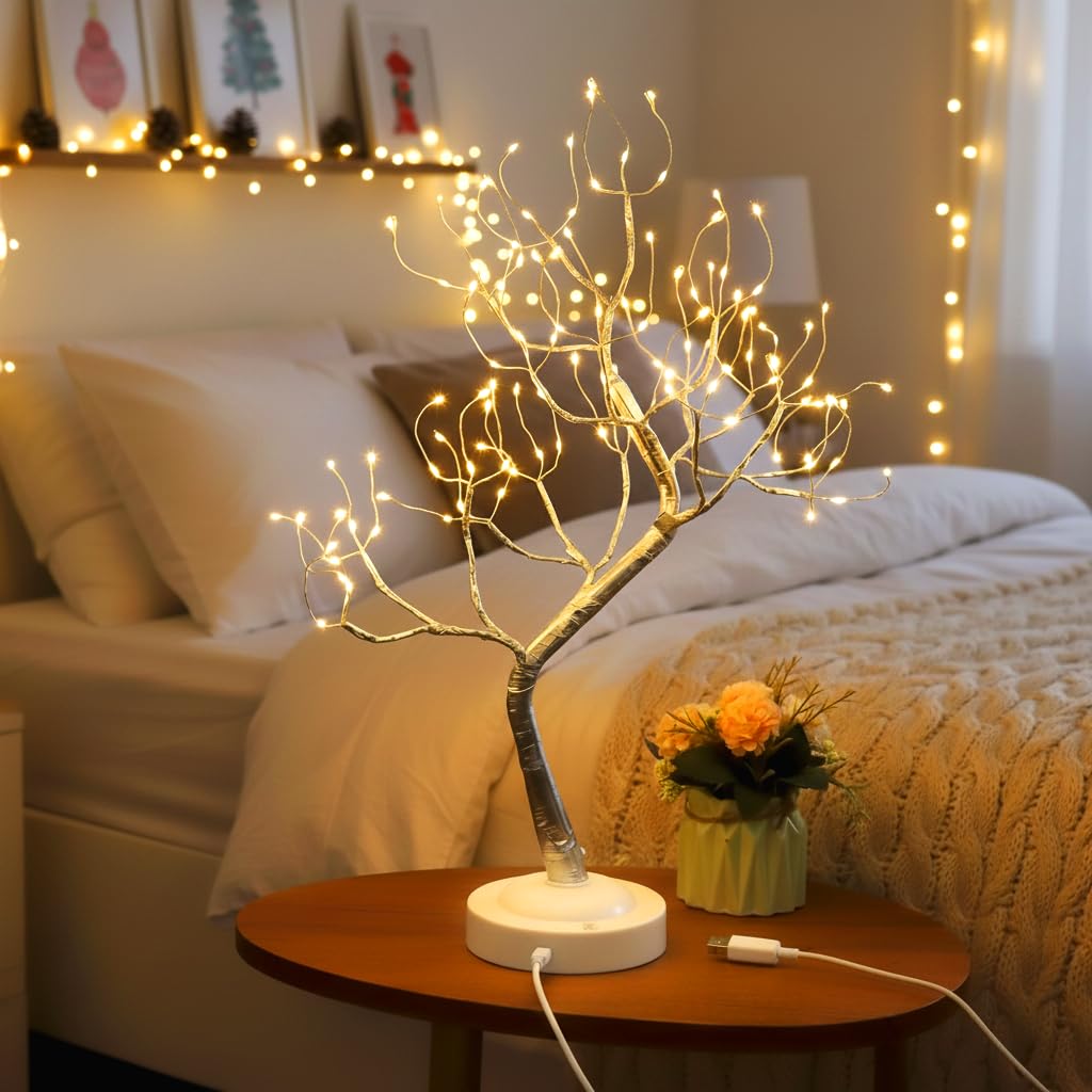 FuChsun Tabletop Bonsai Tree Light 108 LED Fairy Artificial Tree Lamp fot Room Party Home Centerpieces Decoration, Battery/USB Operated (Galaxy Glow Silver Branch)