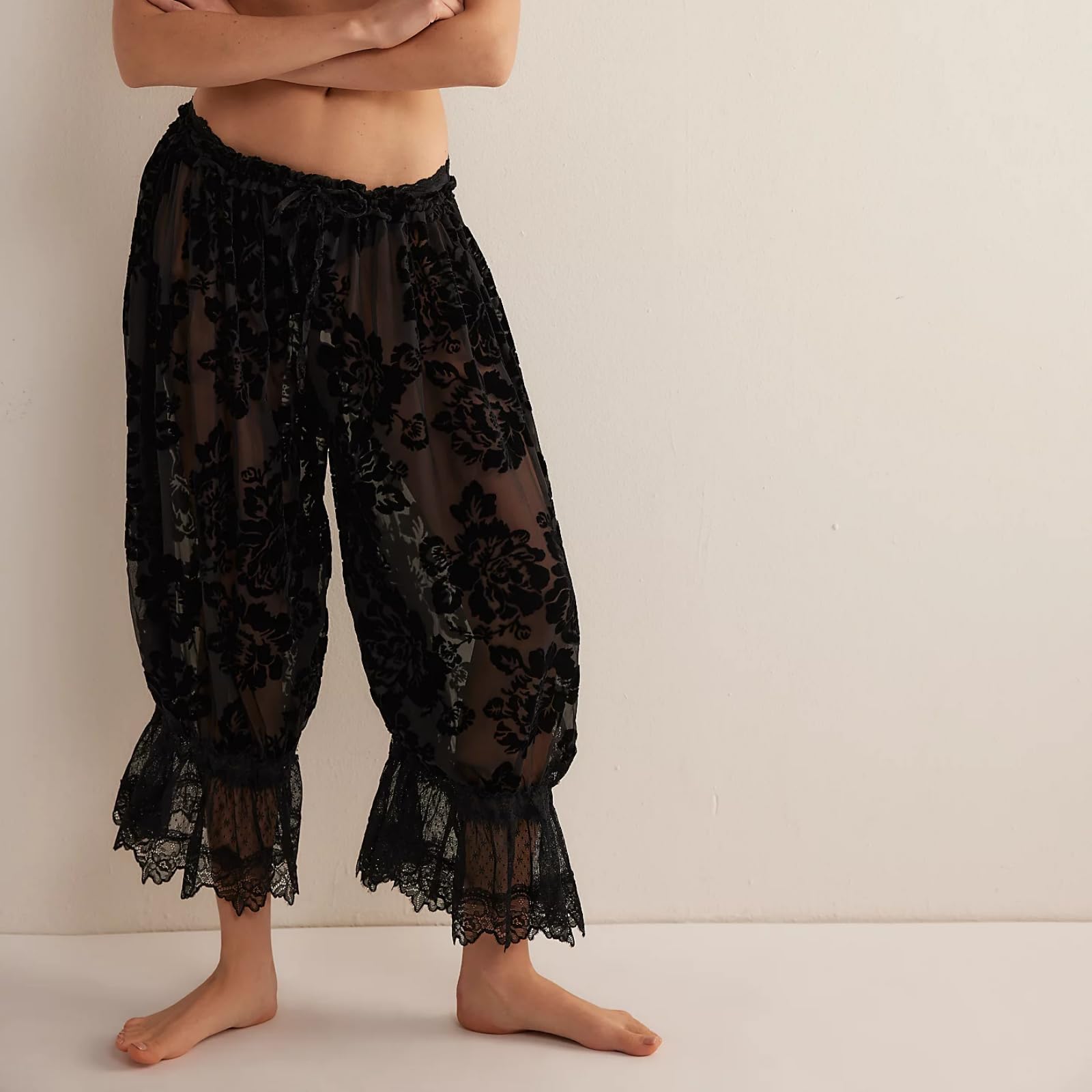 Women Lace Trim Long Bloomers Y2k Elastic Mid Rise Floral Ruffle Pantaloons Flared Slips Pants Pajama Bottoms