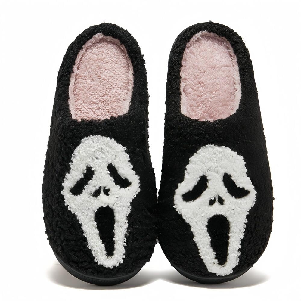 Halloween Slippers for Women Retro Soft Cozy Comfy Plush Lightweight Slip-on Indoor Outdoor Anti-Skid Sole Christmas House Shoes