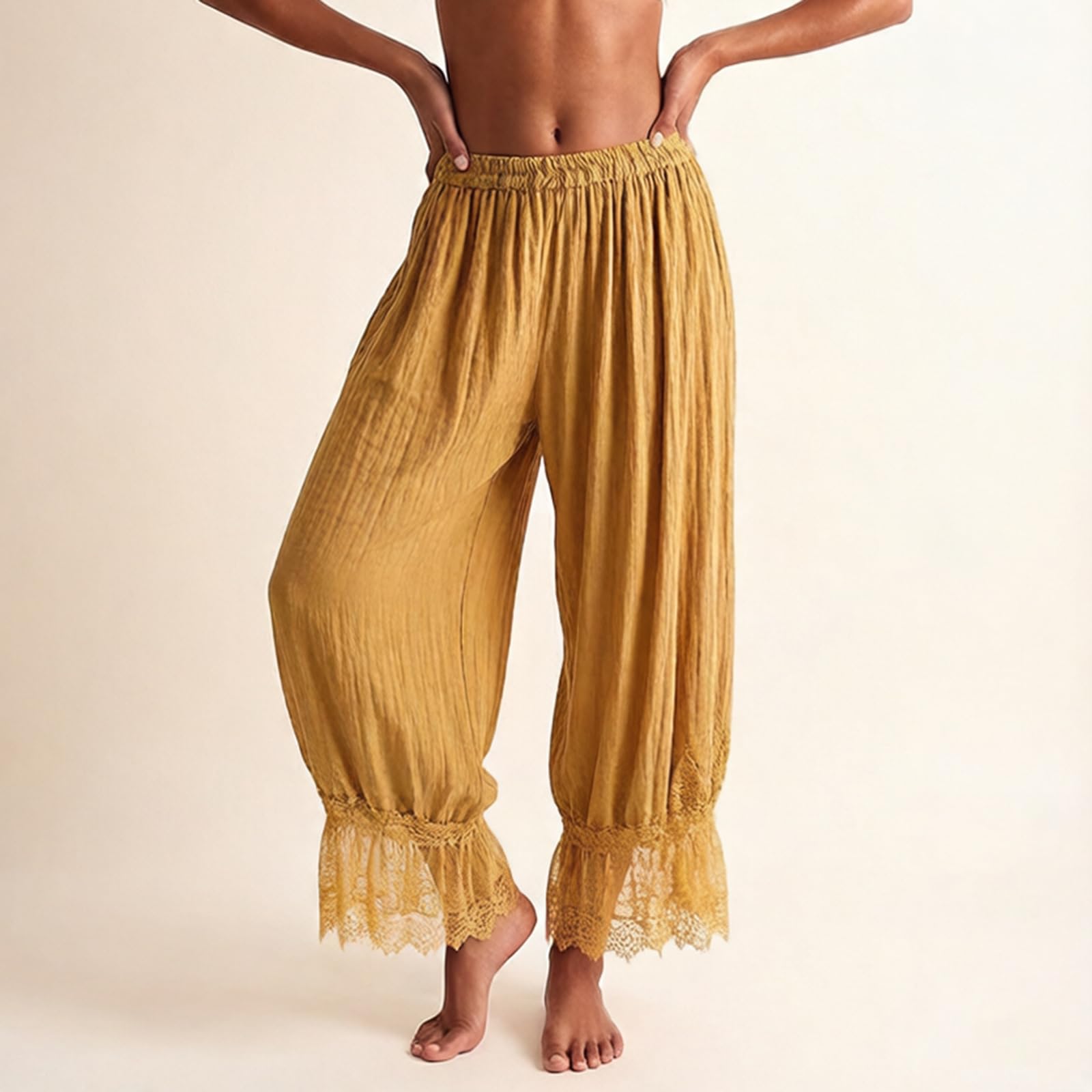 Women Bloomers Pants Y2K Flare Lace Trim Vintage Pantaloons Cute Ruffled Pumpkin Pants Capri Pajama Bottoms
