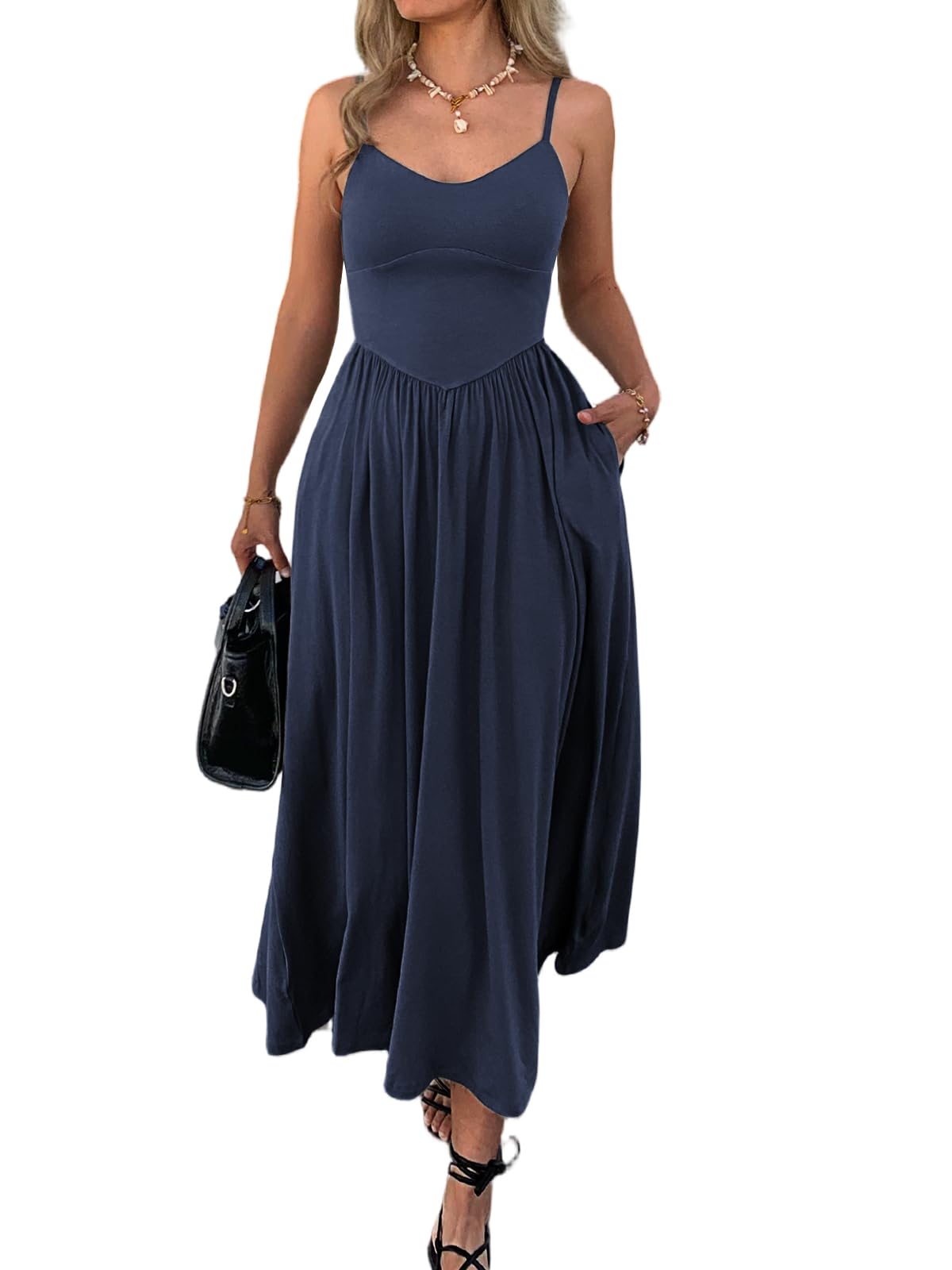 Womens Spaghetti Strap Maxi Dresses Summer Casual Sleeveless A Line Long Flowy Dress with Pockets Beach Sundresses
