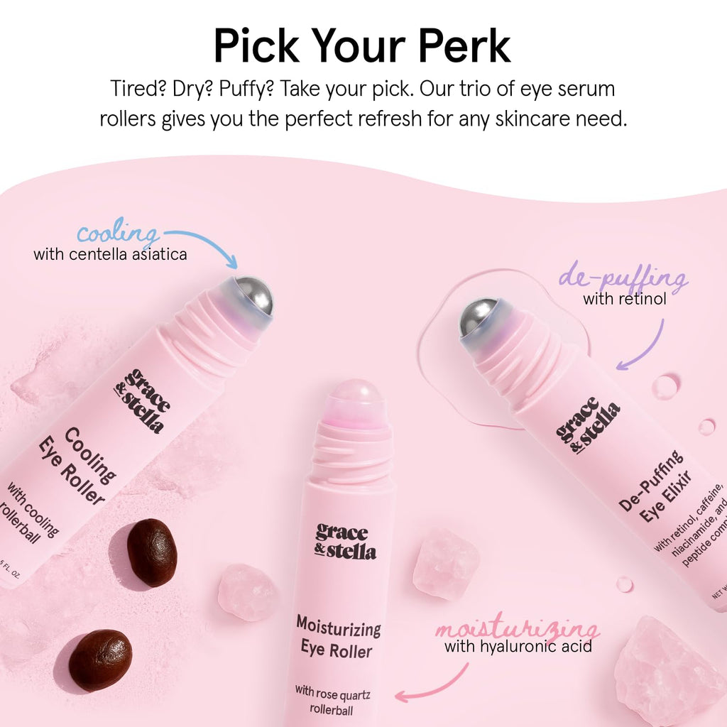 grace & stella Under Eye Brightener Roller - Airplane Travel Essentials - Travel Size Toiletries - Retinol & Caffeine Eye Serum for Puffiness, Dark Circles, Wrinkles - Vegan Skincare (15ml / 0.51floz)