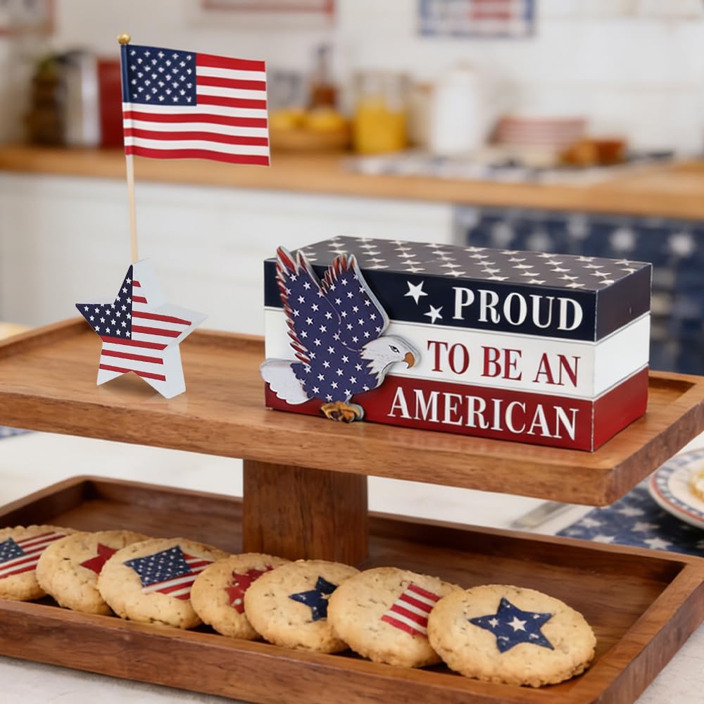 DECSPAS 4th of July Decorations, Memorial Day Decorations, Wooden Stacked Books Sign with Stars, Patriotic Independence Day American Eagle Decor for The Home, Fourth of July, Tiered Tray Table Mantel
