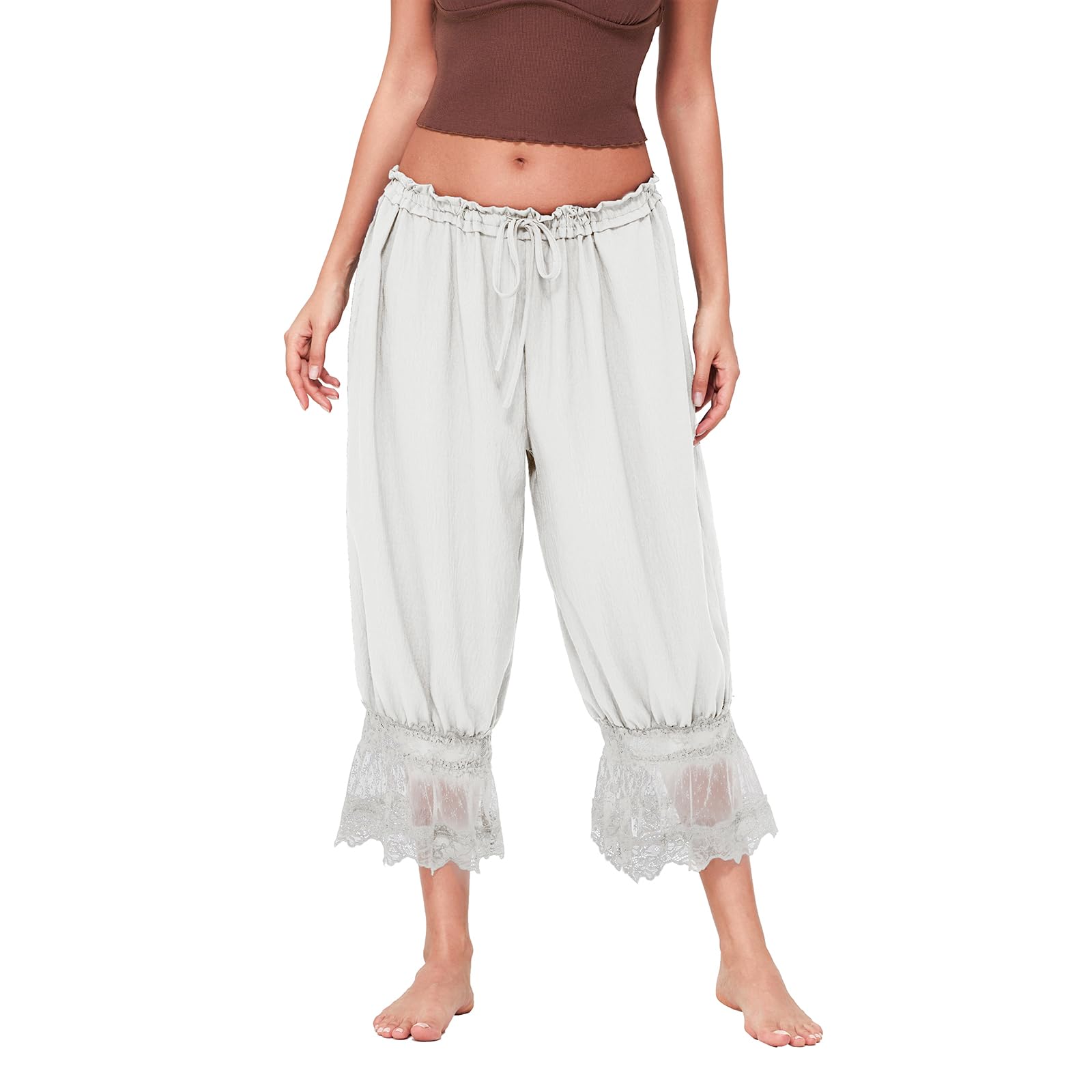 Women Lace Trim Long Bloomers Y2k Elastic Mid Rise Floral Ruffle Pantaloons Flared Slips Pants Pajama Bottoms