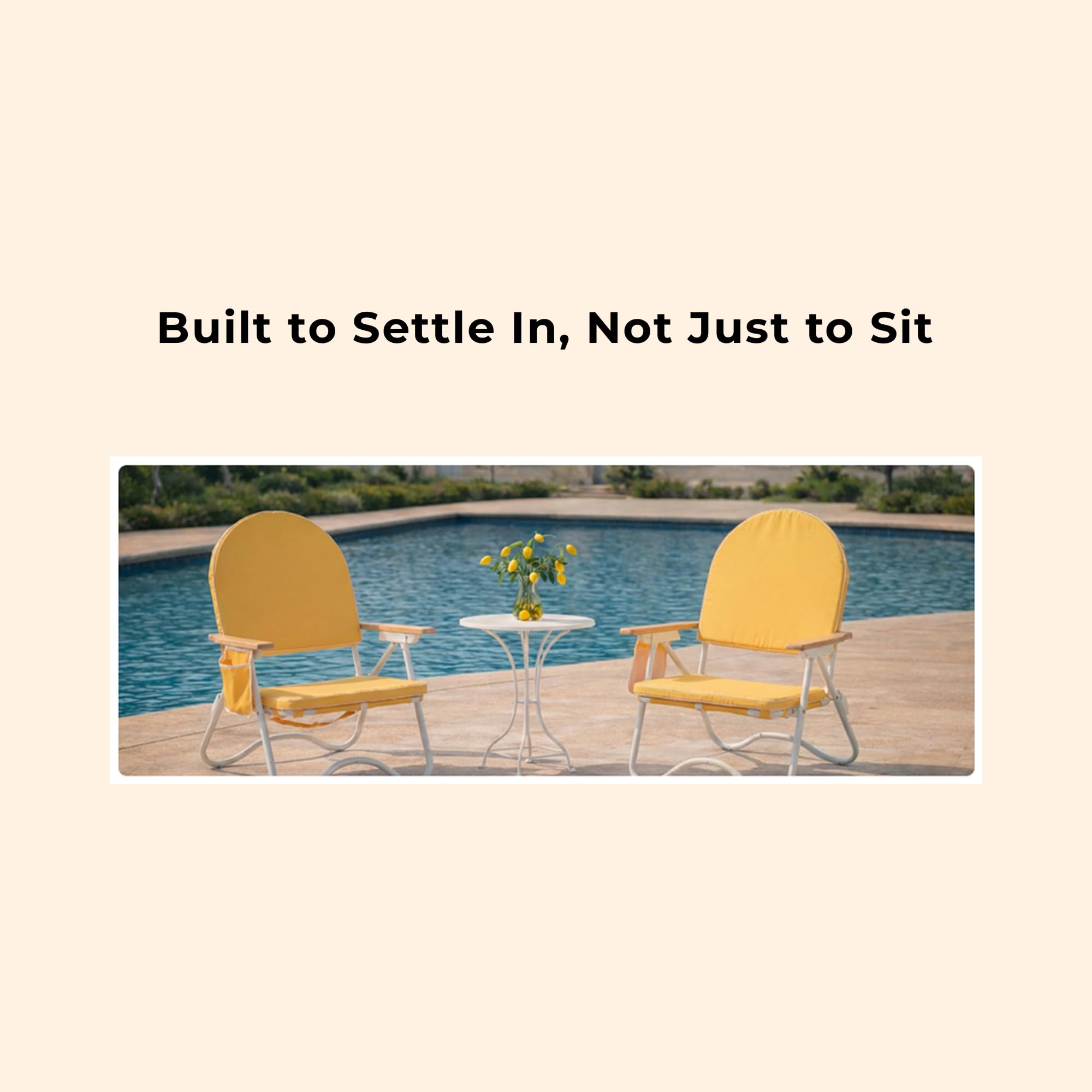Padded Low Beach Chair, 4-Position Folding Outdoor Chair with Wooden Armrests, Cushioned Seat, Storage Pouch & Carry Strap for Beach, Patio and Lawn, Cala Serena Ochre Stripe