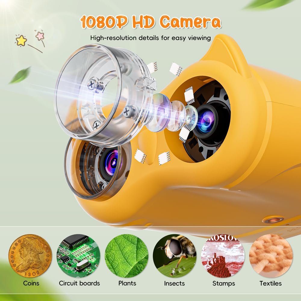 2-in-1 Kids Microscope Telescope, Temodu 2.0" 1000X Digital Microscope for Kids, HD Portable Education Telescope for Kids Birthday Festival Gift, Science Fun Toys for Children Age 4-12 (Yellow)