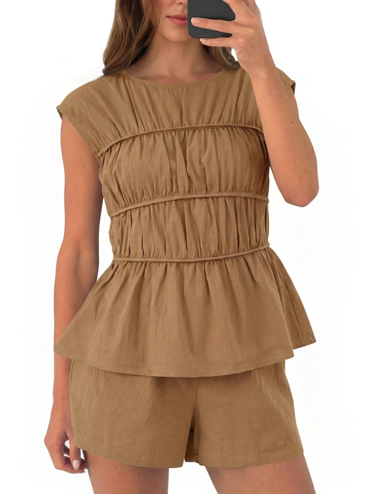 Tankaneo Womens Summer Smocked 2 Piece Short Sets Cap Sleeve Babydoll Peplum Blouse Casual Matching Set Vacation Outfits
