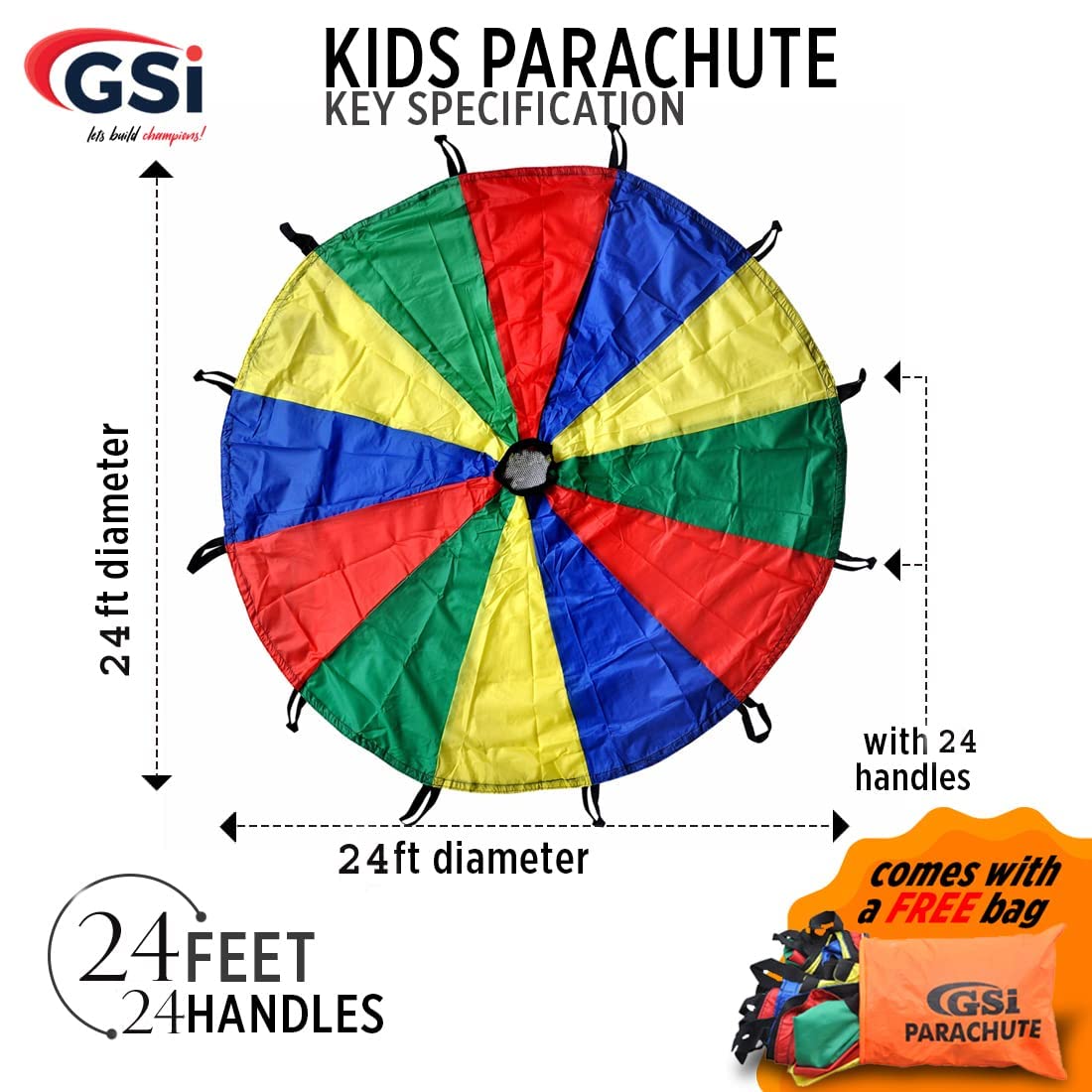 GSi Kids Play Parachute Rainbow Parachute Toy Tent Game for Children Gymnastics Cooperative Play and Outdoor Playground Activities (12 Feet)