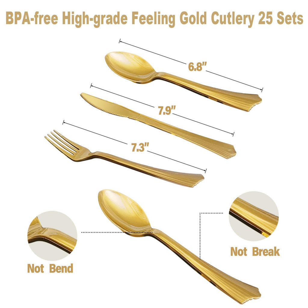 AIRE 175PCS White and Gold Party Supplies, Heavy Duty Disposable Dinnerware Set Serves 25, Paper Plates Plastic Forks Knives Spoons for Birthday,Graduation, Bridal Shower Decoration