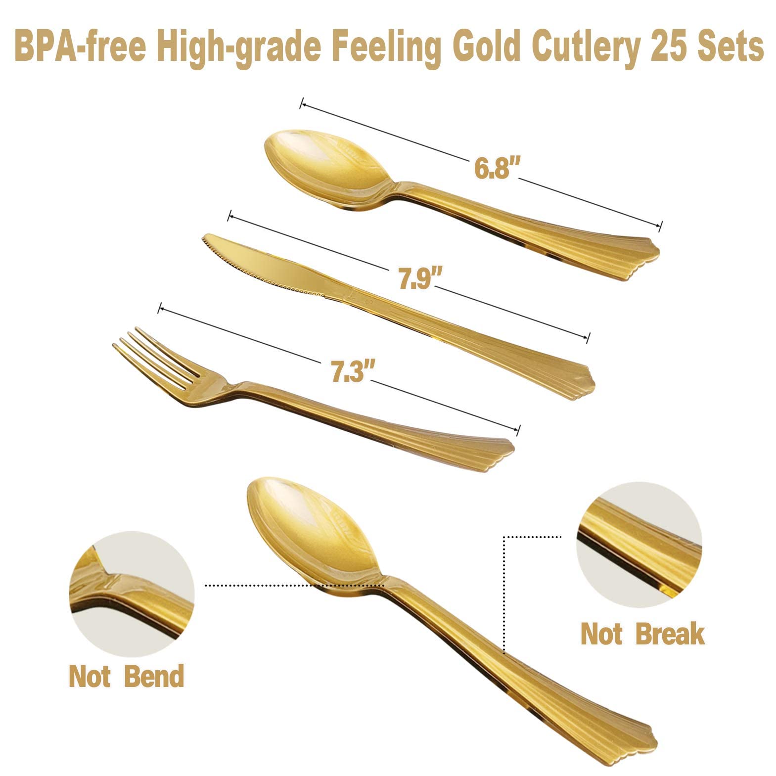 AIRE 175PCS White and Gold Party Supplies, Heavy Duty Disposable Dinnerware Set Serves 25, Paper Plates Plastic Forks Knives Spoons for Birthday,Graduation, Bridal Shower Decoration