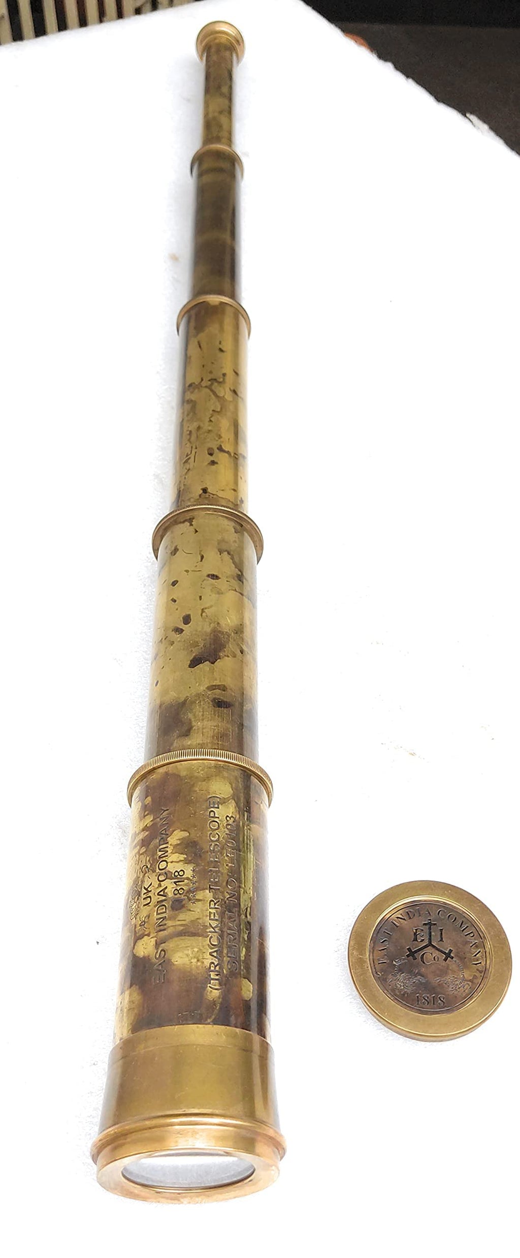 Rare Brass Telescope Spyglass - East India Company 1818 Tracker Vintage Pirate Spyglass Scope Antique Large Handstitched Leather Gift Box (BT-EIC17)