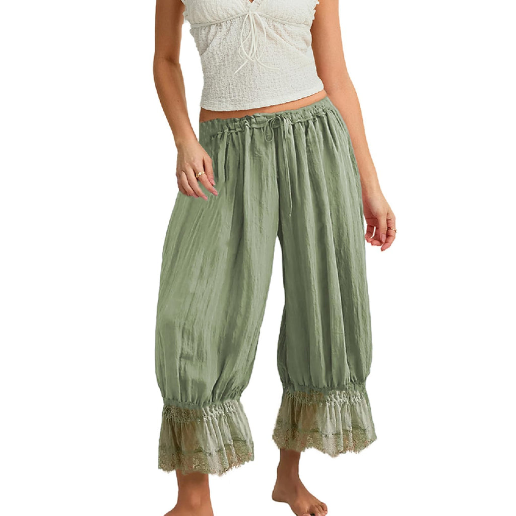 Women Bloomers Pants Y2K Flare Lace Trim Vintage Pantaloons Cute Ruffled Pumpkin Pants Capri Pajama Bottoms