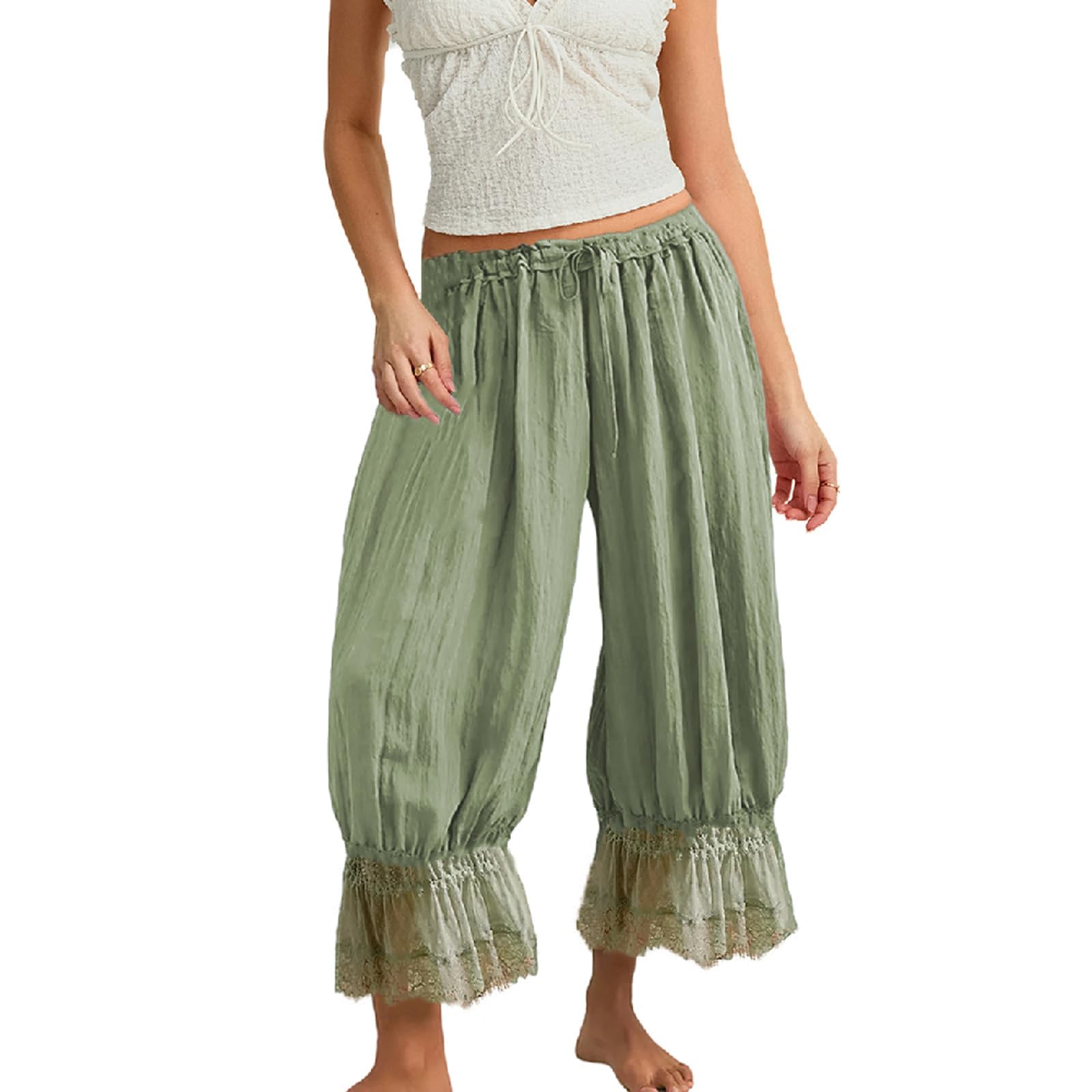 Women Bloomers Pants Y2K Flare Lace Trim Vintage Pantaloons Cute Ruffled Pumpkin Pants Capri Pajama Bottoms