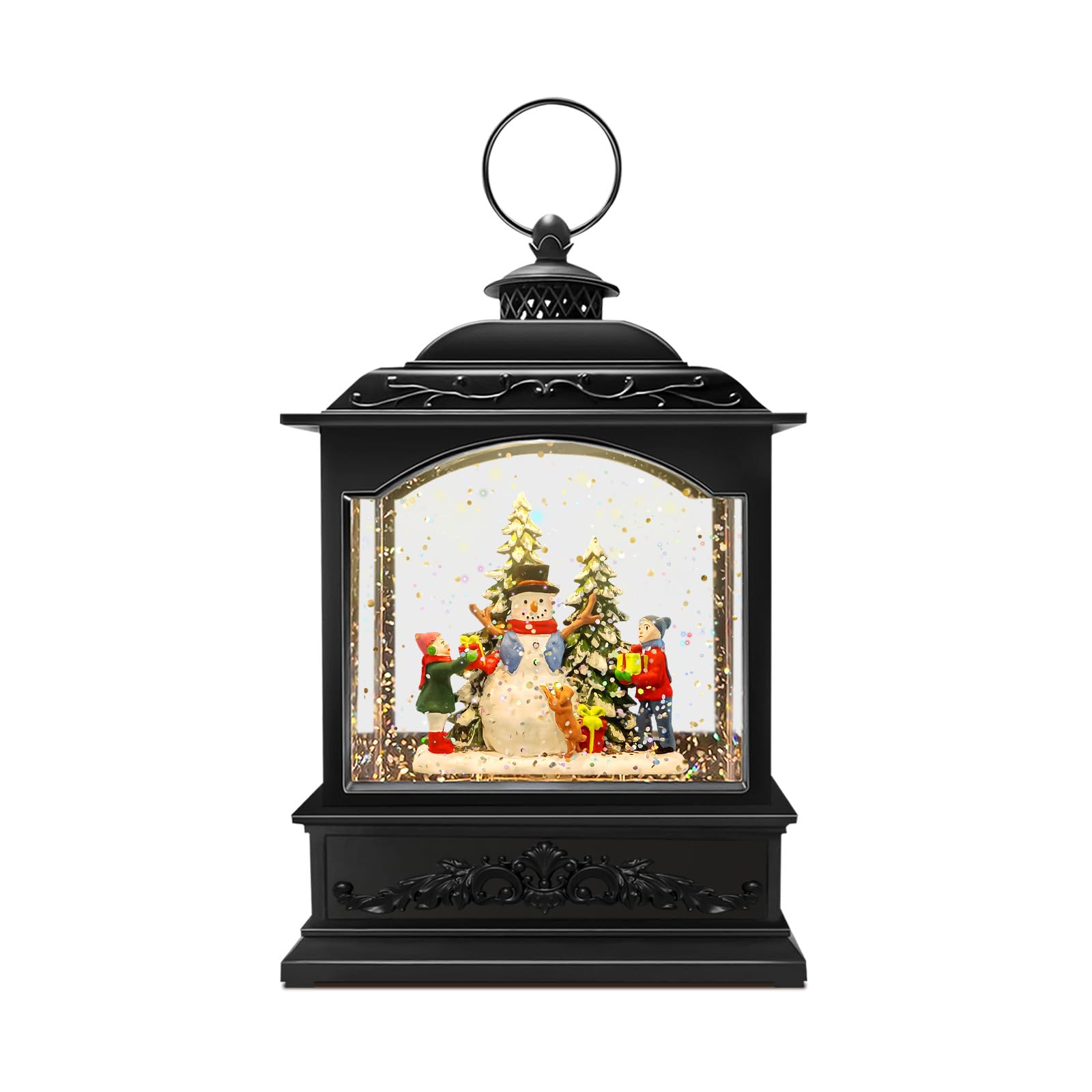 Christmas Snow Globe Candle Lantern with Snowman & Reindeer, Vintage-Style LED with Glitter Swirl & 6H Timer, Battery Operated (3×AA) Holiday Decoration for Tabletop & Mantel