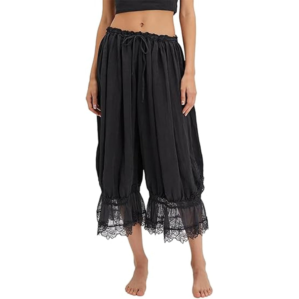 Women Bloomers Pants Y2K Flare Lace Trim Vintage Pantaloons Cute Ruffled Pumpkin Pants Capri Pajama Bottoms
