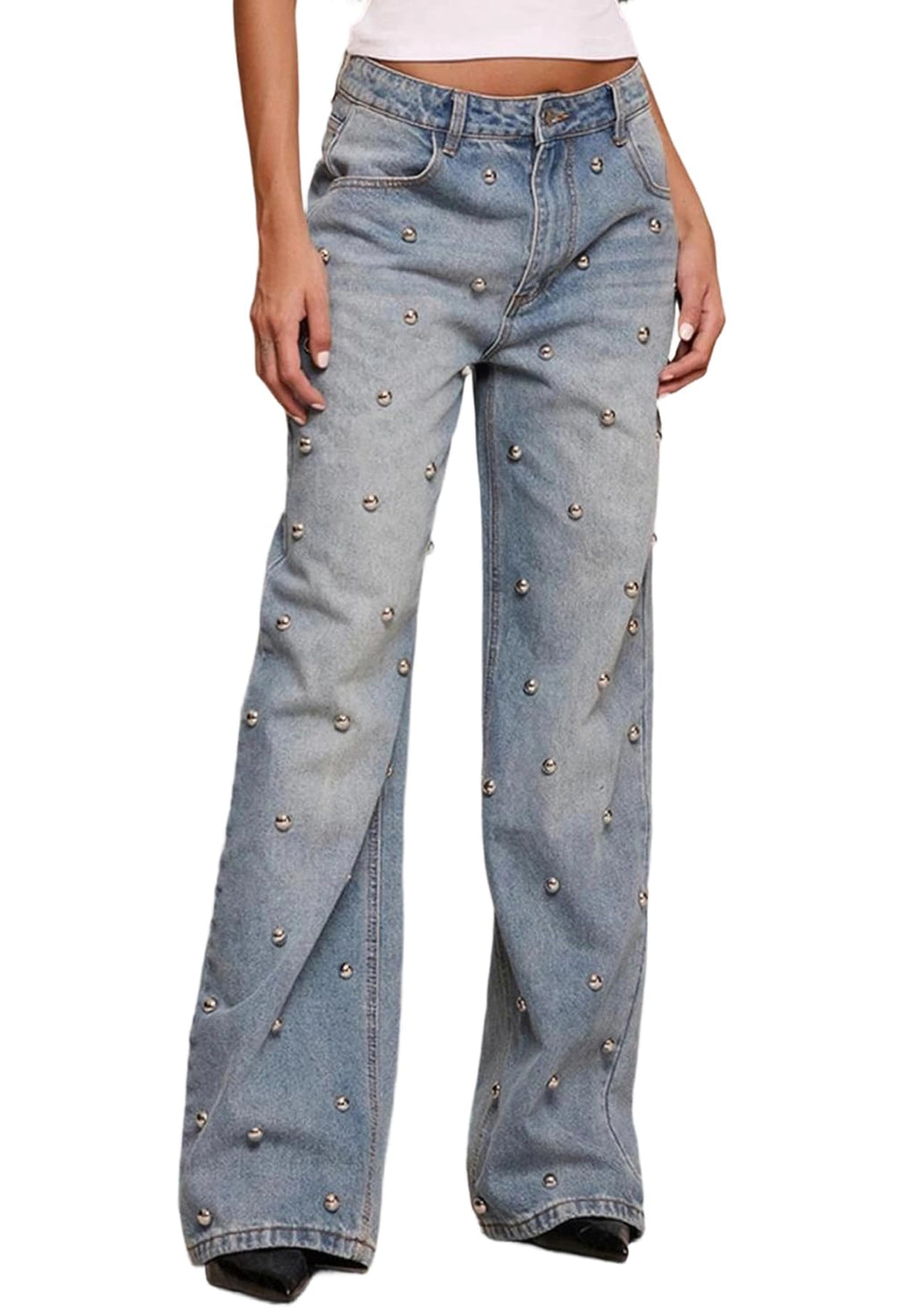 Unybwonn Women Straight Leg Jeans Rhinestone High Waisted Wide Leg Pearl Denim Pants Bling Glitter Studded Y2k Trousers