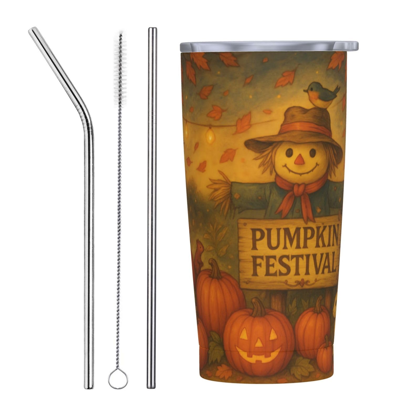 Fall Tumbler with Lid and Straw - 20oz Pumpkin Festival Coffee Tumbler Insulated Stainless Steel Mug, Autumn Harvest Scarecrow Cup, Thanksgiving Travel Mug, Fall Gifts for Women