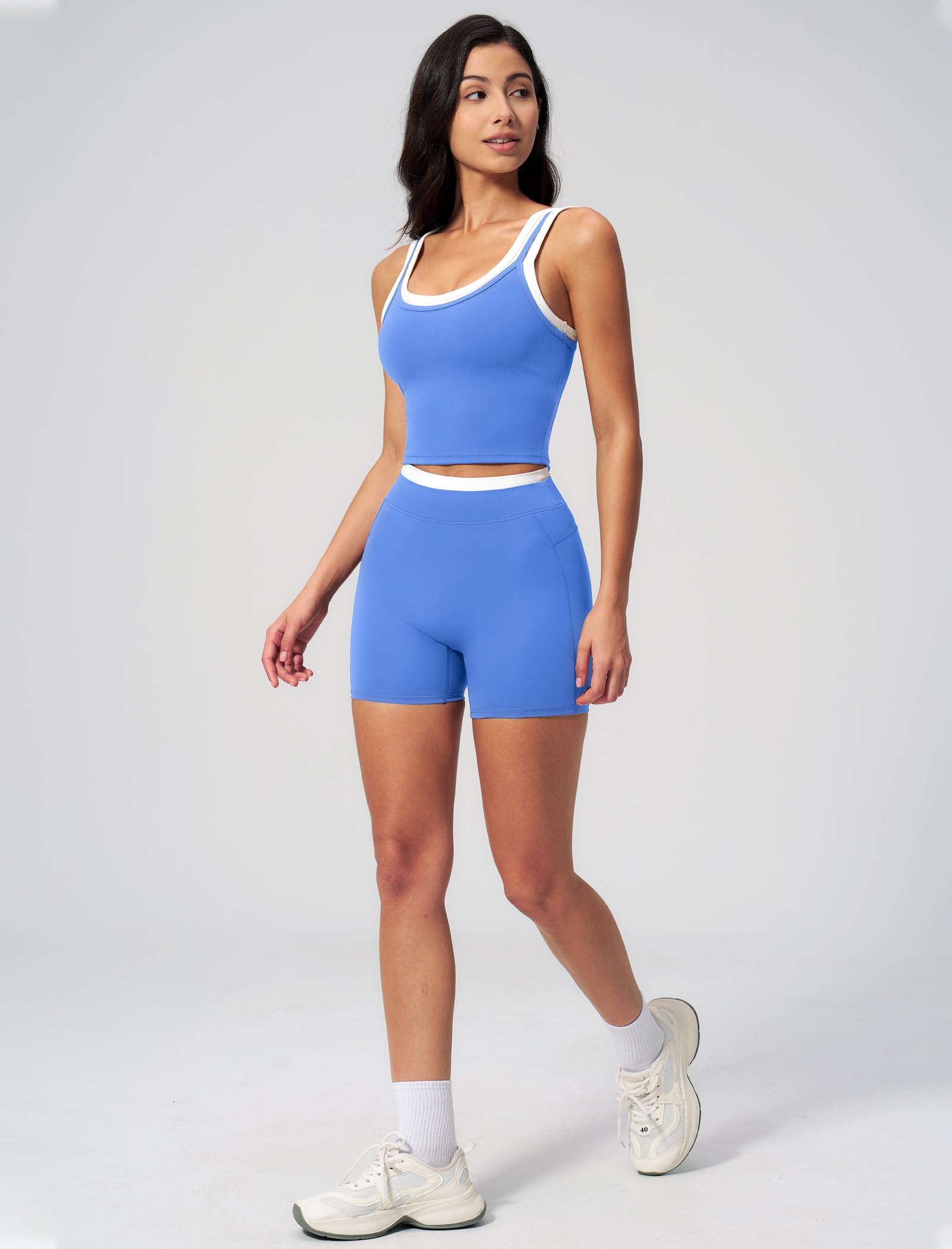 Women 2 Piece Workout Sets Racerback Color Block Tank Top High Waist Tummy Control Shorts Yoga Outfits