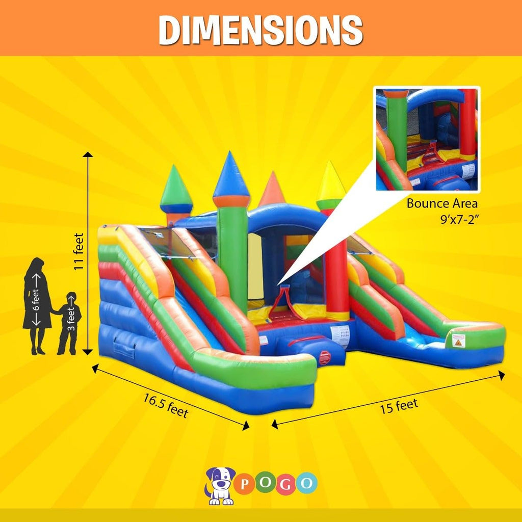 Crossover Tropical Double Water Slide Bounce House Combo, 16.5 x 15 x 11 Foot, PVC Vinyl Inflatable Bouncy House for Kids, Wet or Dry Slides, with Stakes, Storage Bag and 1 HP Blower