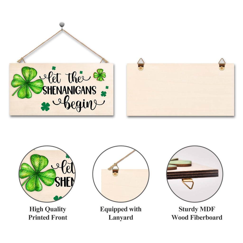 St Patricks Day Decorations Wood Sign with Two 3D Leaves Let the Shenanigans Begin Hanging Wooden Decor Lucky Shamrock Signs for Outdoor Home Door Rustic Farmhouse Party Indoor Wall Art Plaque Gift