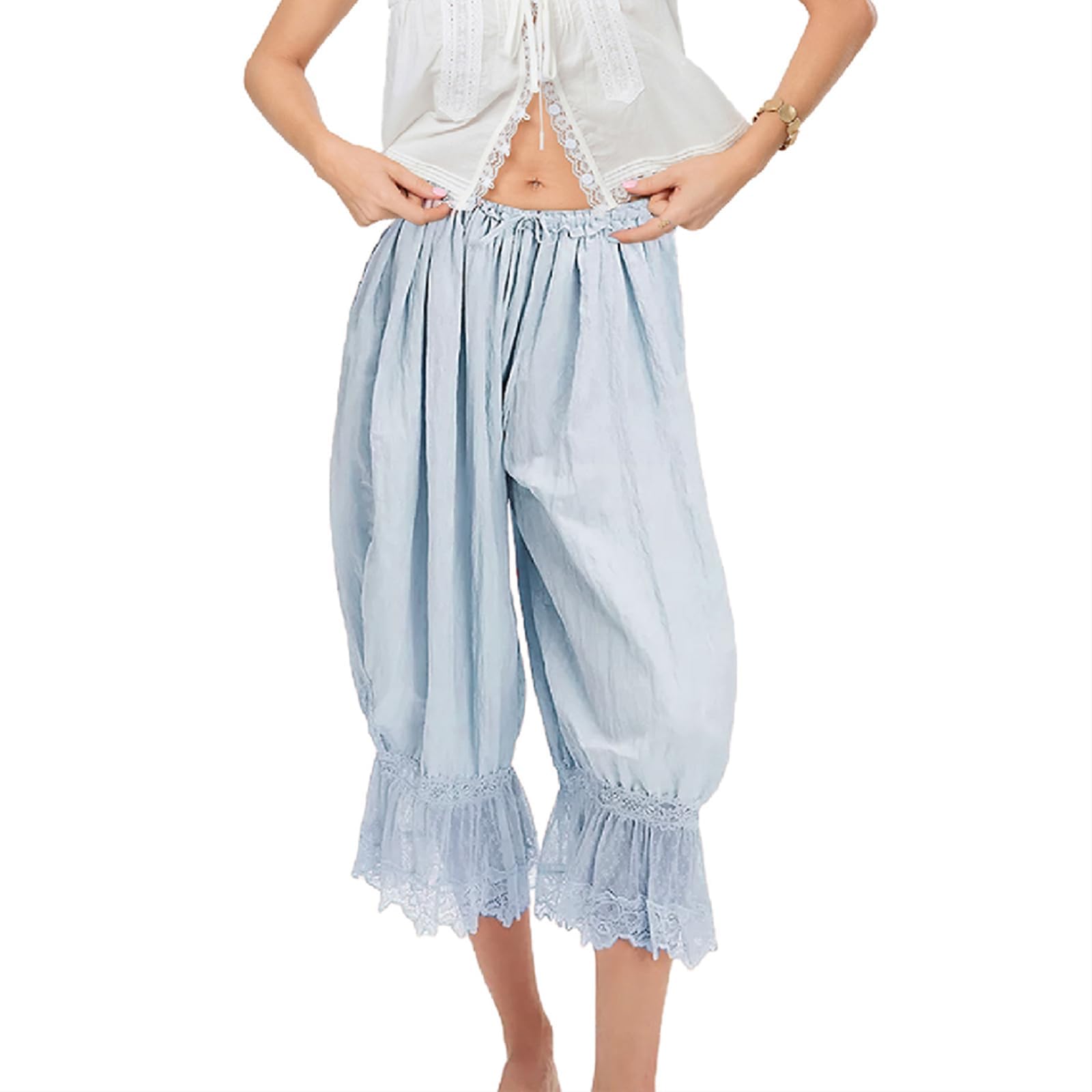 Women Bloomers Pants Y2K Flare Lace Trim Vintage Pantaloons Cute Ruffled Pumpkin Pants Capri Pajama Bottoms