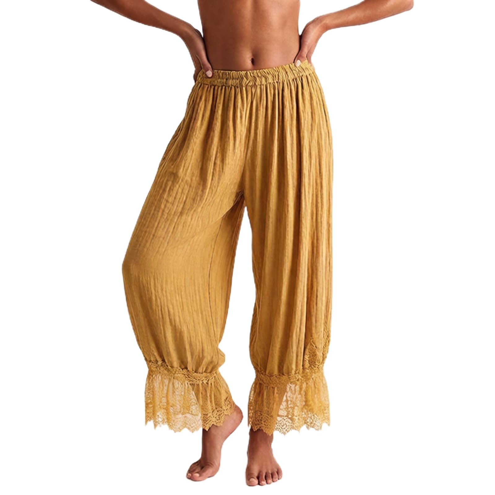 Women Bloomers Pants Y2K Flare Lace Trim Vintage Pantaloons Cute Ruffled Pumpkin Pants Capri Pajama Bottoms