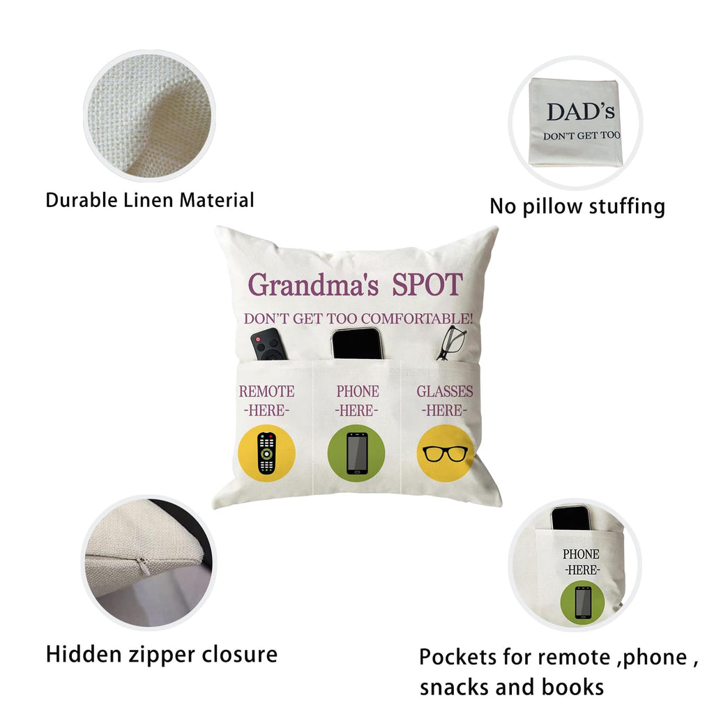 ONFAON Grandpa Gifts,Grandpa's Spot Throw Pillow Covers 18x18 Inch,Put Phone Glasses and Remote Control Pillowcase,Birthday Christmas Thanksgiving Day Gifts for Grandpa Stepdad,3-Pocket
