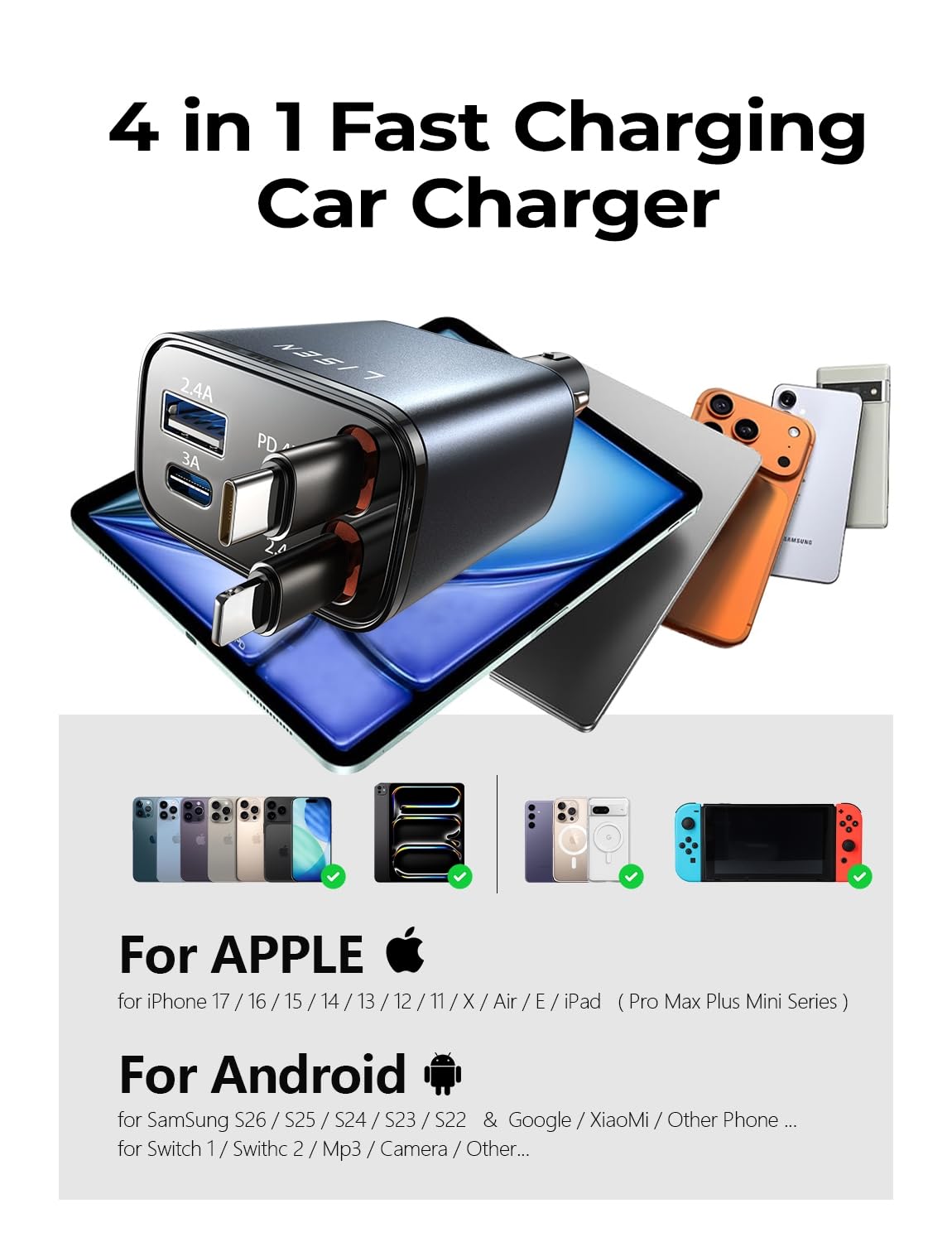 LISEN Retractable Car Charger, 84W Car Charger USB C Fast Charger Adapter for iPhone, Car Accessories for Men Women, Gifts for Fathers Day for Men Dad Husband, for iPhone 17 16 15 14 13 12 11 Samsung