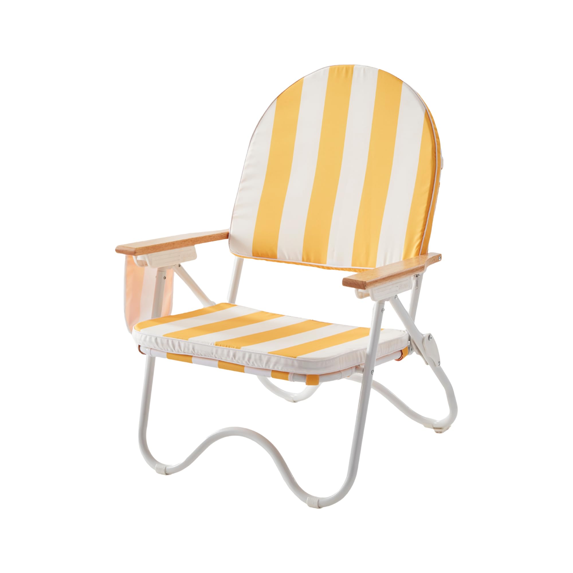 Padded Low Beach Chair, 4-Position Folding Outdoor Chair with Wooden Armrests, Cushioned Seat, Storage Pouch & Carry Strap for Beach, Patio and Lawn, Cala Serena Ochre Stripe