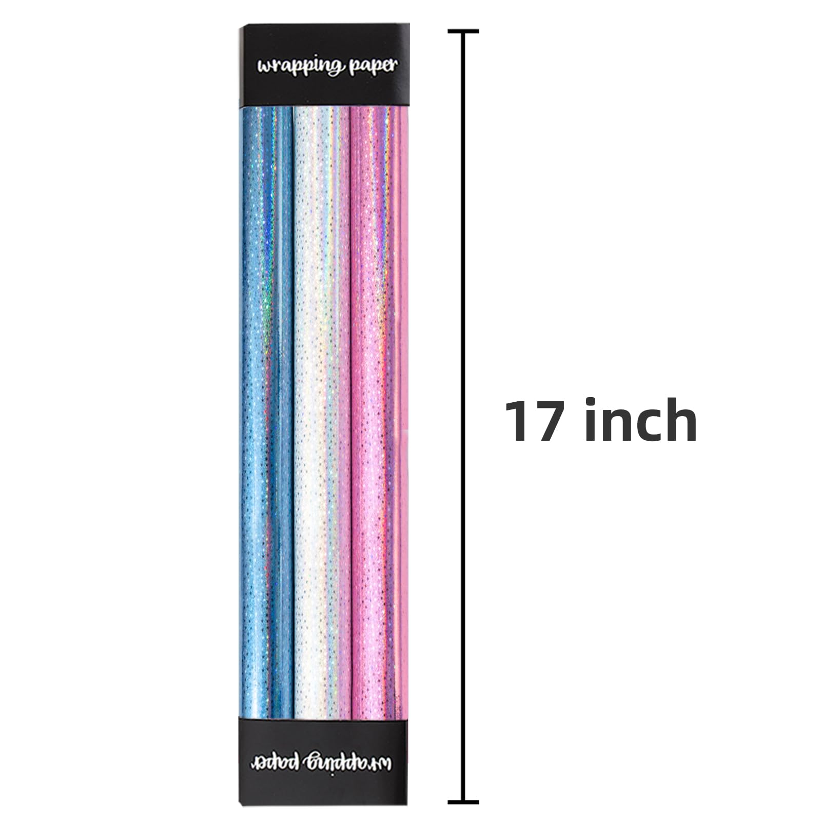 Burymento Black Wrapping Paper Roll, Metallic Holographic Stripe Gift Wrap for Birthday, Valentines, Mothers day, Graduation, Wedding, Fathers day, Baby Shower, Christmas (17 IN x 32.8 FT)