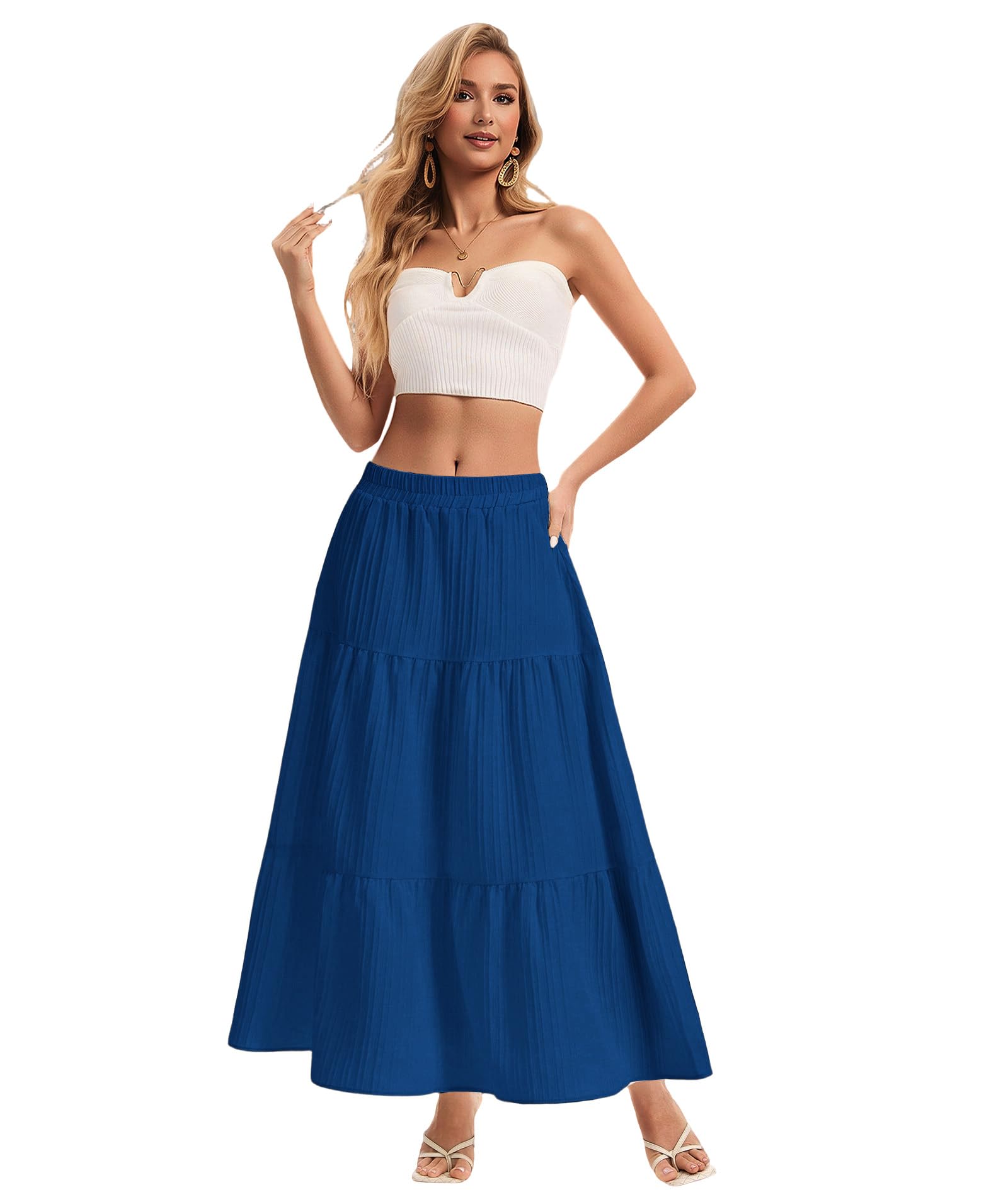 Womens Maxi Skirt Boho Long Flowy Skirts Trendy Summer 2026 Tiered Ruffle Skirt A Line Casual Beach Vacation Dress