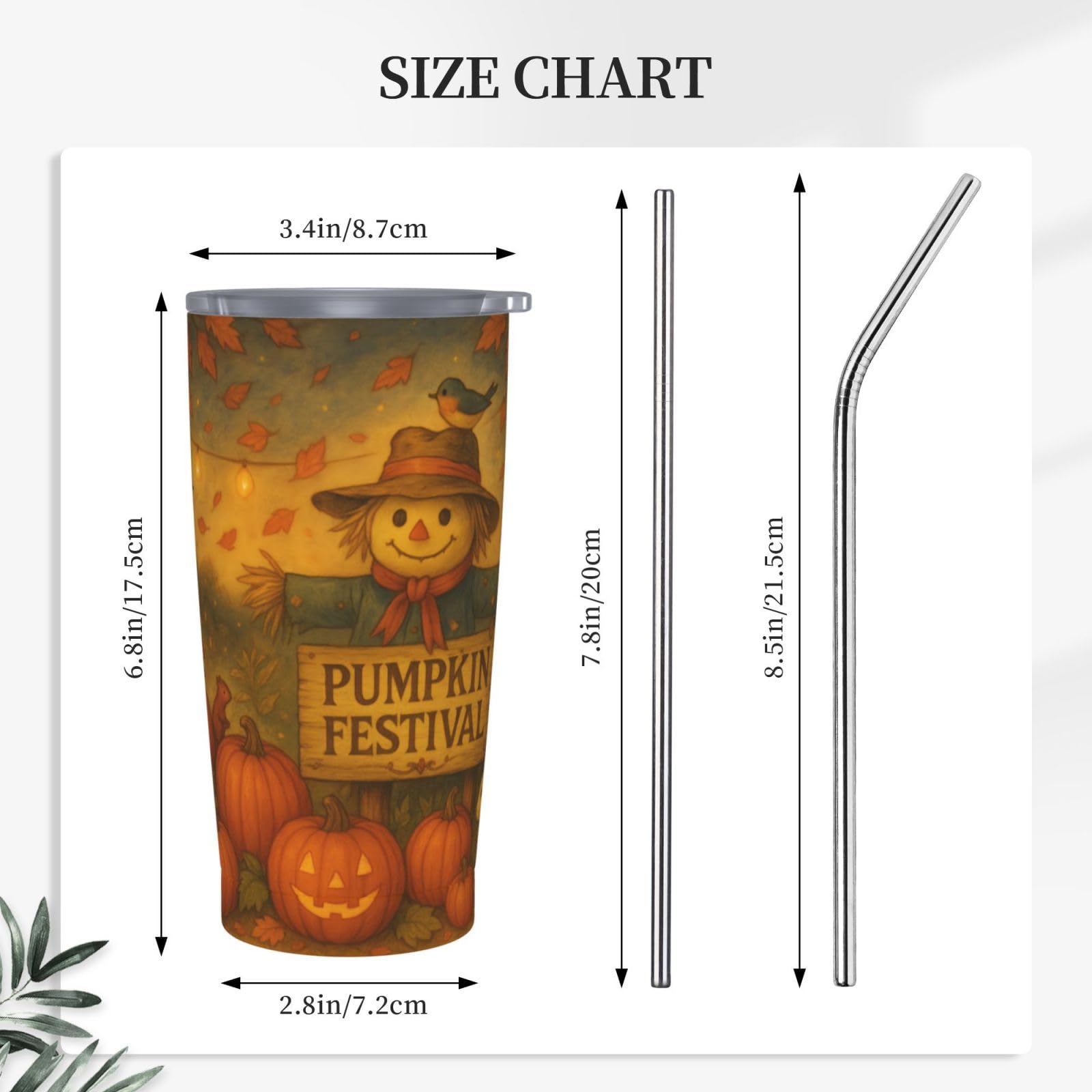 Fall Tumbler with Lid and Straw - 20oz Pumpkin Festival Coffee Tumbler Insulated Stainless Steel Mug, Autumn Harvest Scarecrow Cup, Thanksgiving Travel Mug, Fall Gifts for Women