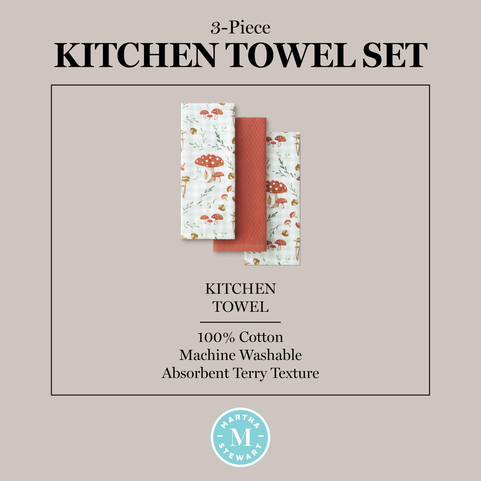 Martha Stewart Autumn Harvest Pumpkins Kitchen Towel 3-Pack Set, 100% Cotton with Absorbent Terrycloth, Decorative Kitchen Towels, Orange/Green/Ivory, 16"x28"