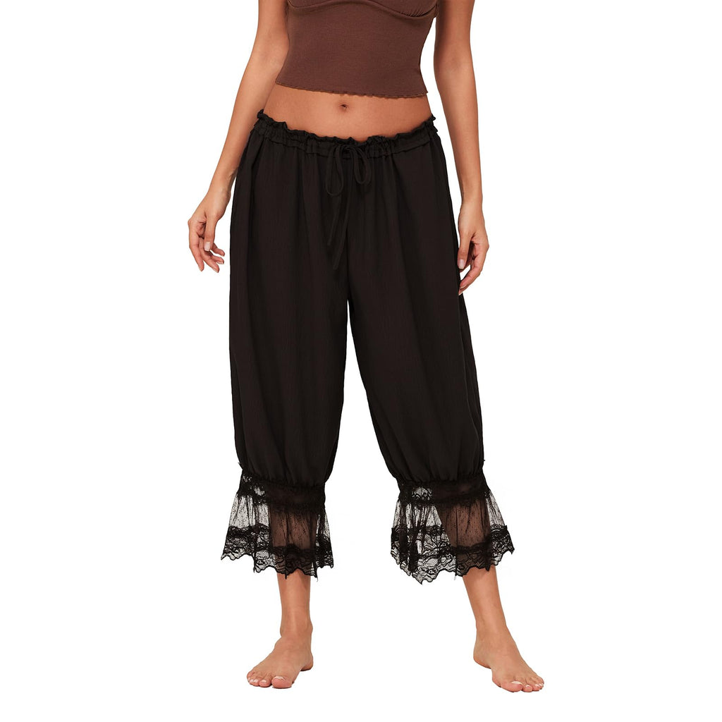 Women Lace Trim Long Bloomers Y2k Elastic Mid Rise Floral Ruffle Pantaloons Flared Slips Pants Pajama Bottoms