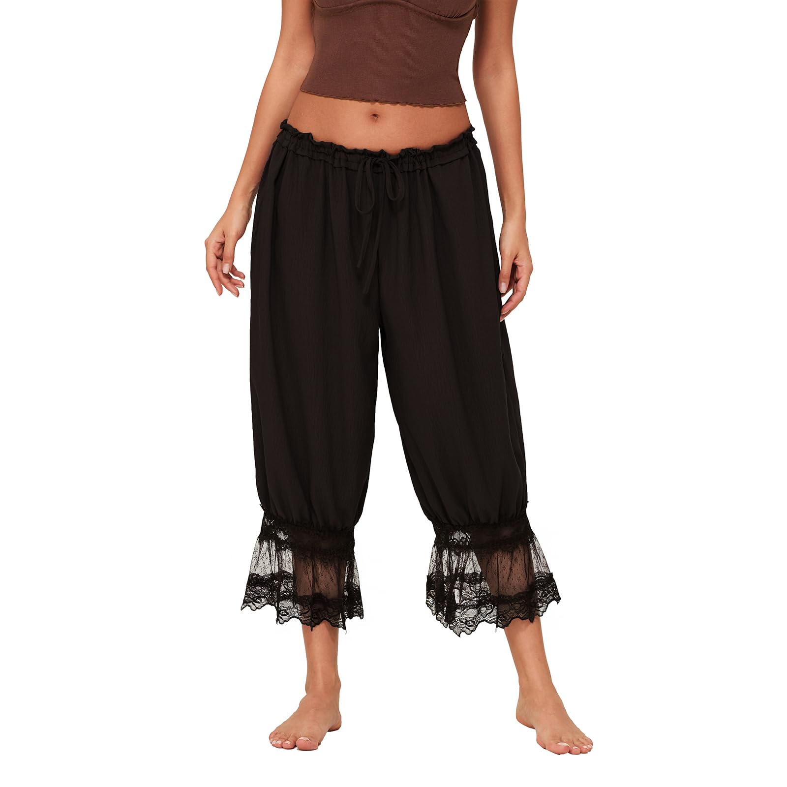 Women Lace Trim Long Bloomers Y2k Elastic Mid Rise Floral Ruffle Pantaloons Flared Slips Pants Pajama Bottoms