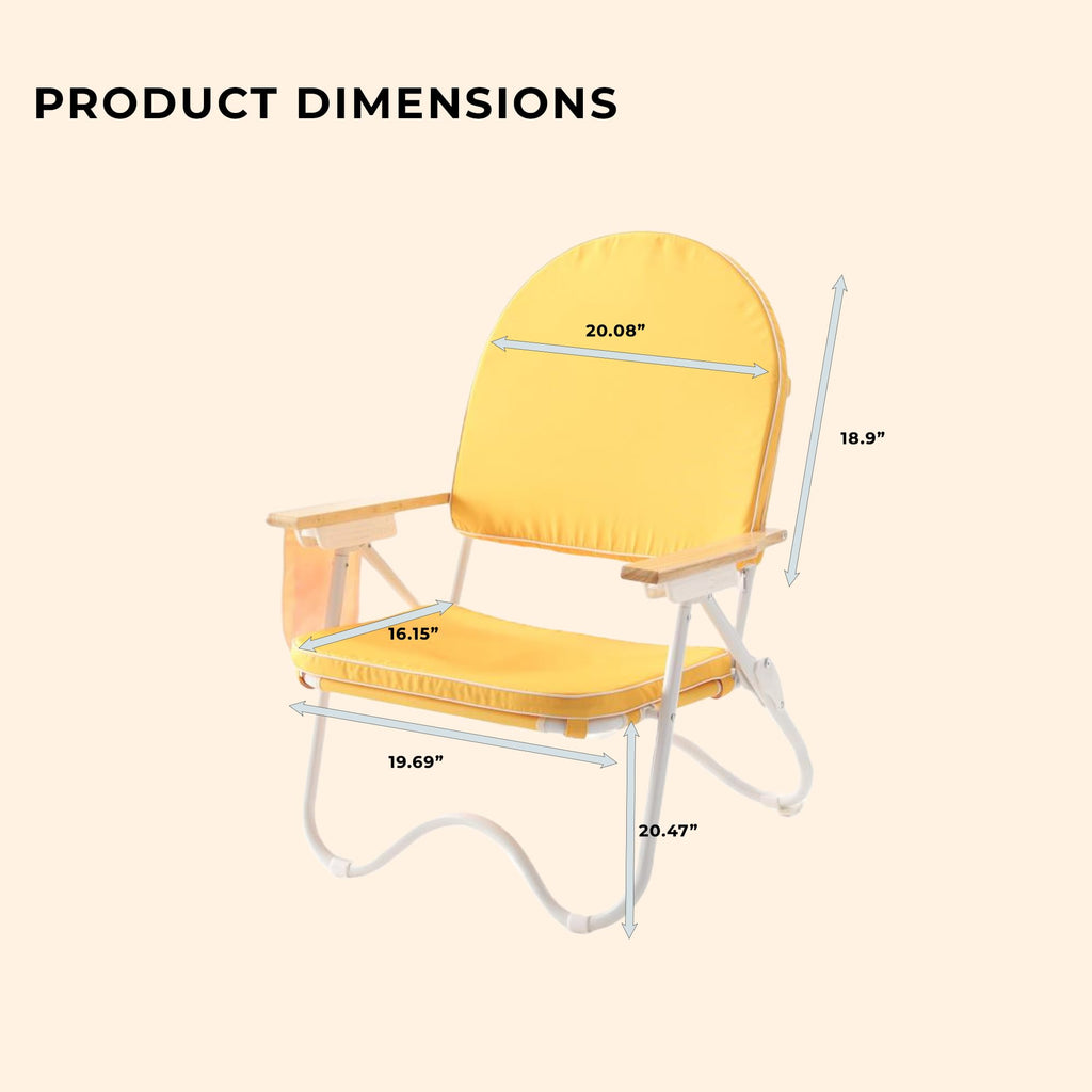 Padded Low Beach Chair, 4-Position Folding Outdoor Chair with Wooden Armrests, Cushioned Seat, Storage Pouch & Carry Strap for Beach, Patio and Lawn, Cala Serena Ochre Stripe