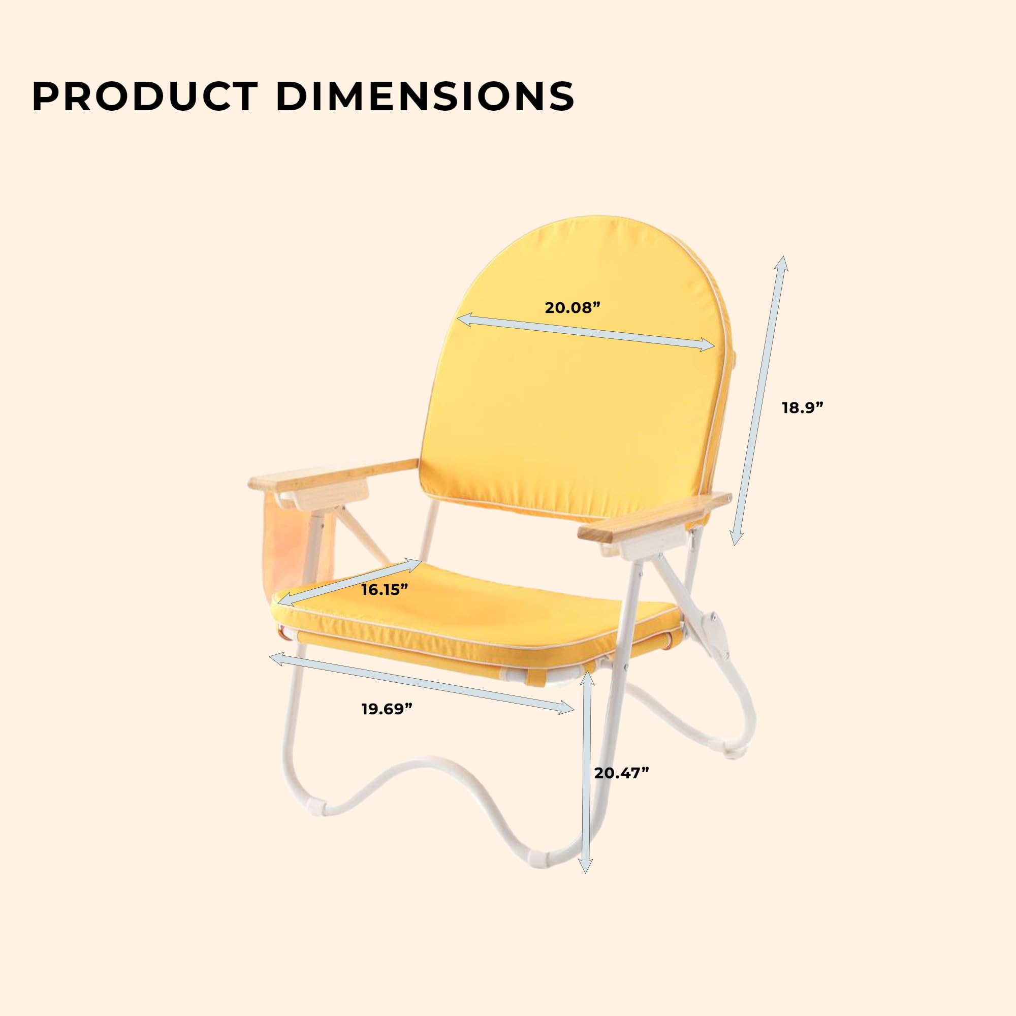 Padded Low Beach Chair, 4-Position Folding Outdoor Chair with Wooden Armrests, Cushioned Seat, Storage Pouch & Carry Strap for Beach, Patio and Lawn, Cala Serena Ochre Stripe