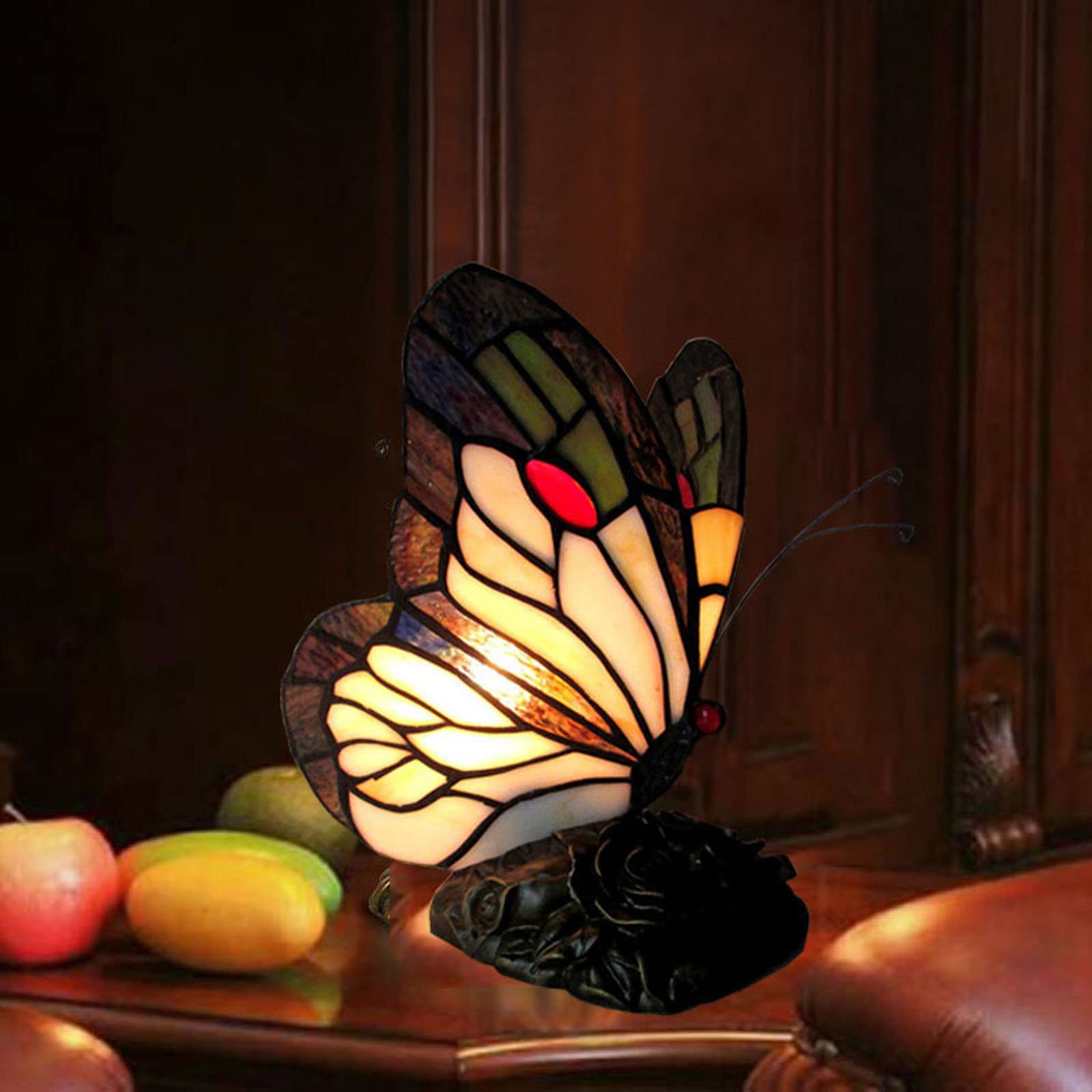 Bedside Table Lamp LED Tiffany Blue Fairy Butterfly Nightstand Table Lamps Stained Glass Shade ON Off Switch Home Office Desk Lamp Night Light Girl Grandma Mothers Day Gifts W/Gift Box
